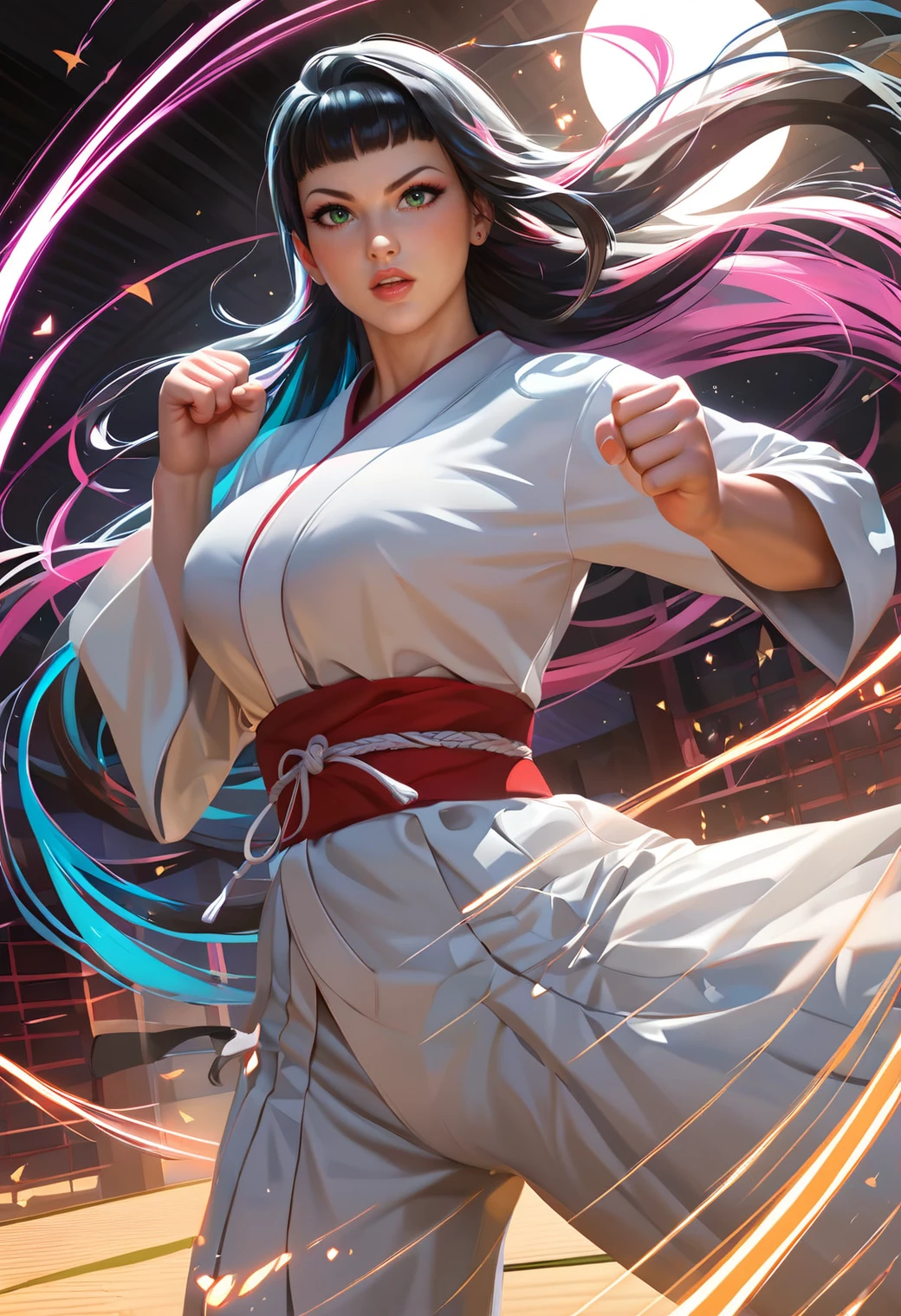 score_9, score_8_up, score_7_up,
beautiful aesthetic, very intricate, high quality details,
vibrant, highly detailed, award-winning, professional,
1girl, mature female,
martial arts, master dojo uniform,
fighting stance, clenched hands,
wide-eyed, focused,
dojo, cowboy shot
<lora:Smooth_Mix:0.8>, ultra realistic, masterpiece, high detailed skin