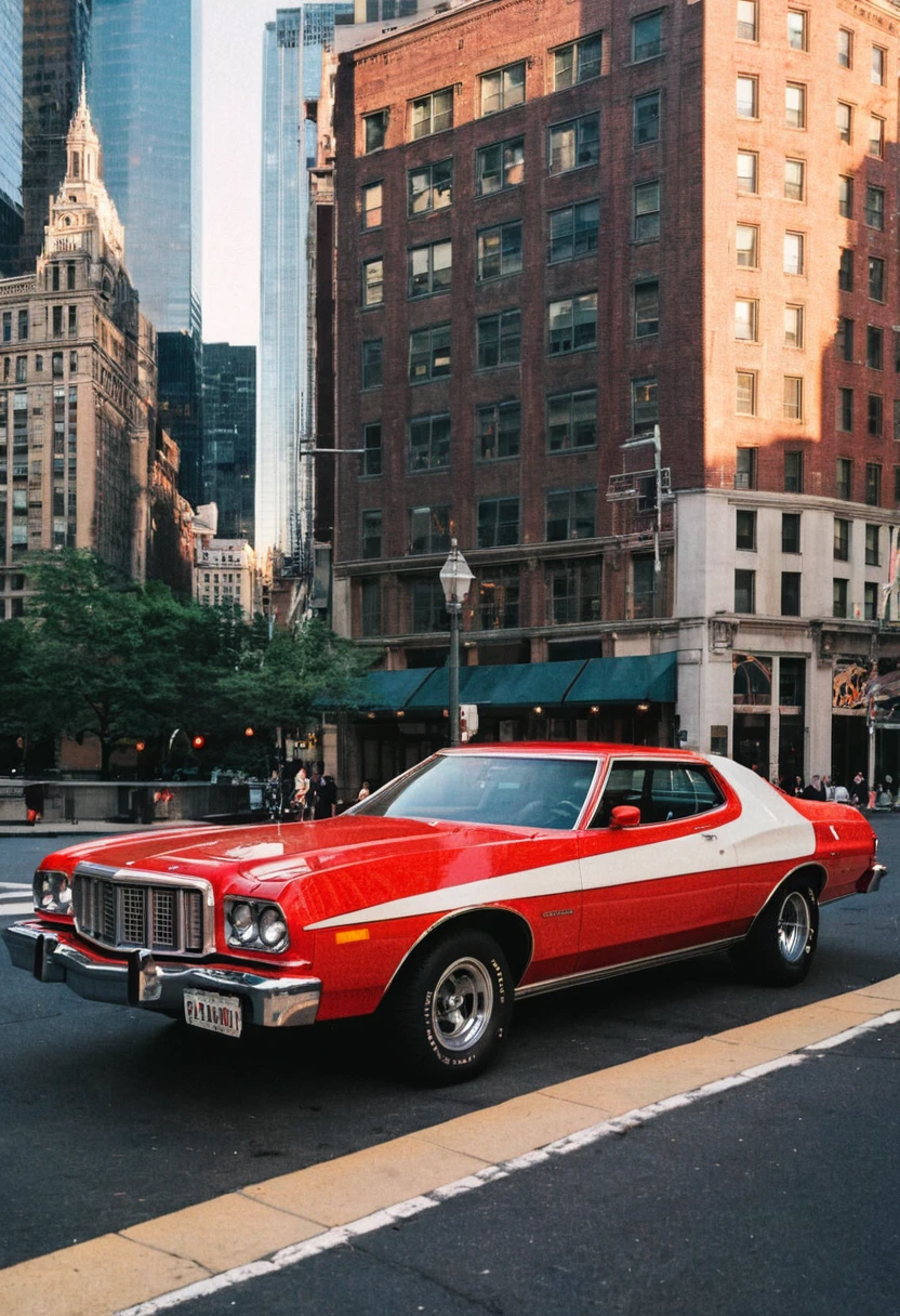 ClassicMuscleCar, gleaming red Ford Gran Torino, front side view, Manhattan skyscrapers cityscape background, late afternoon sunset, warm colors, 4K, highly detailed, (stylish grainy analog 35mm film photo)