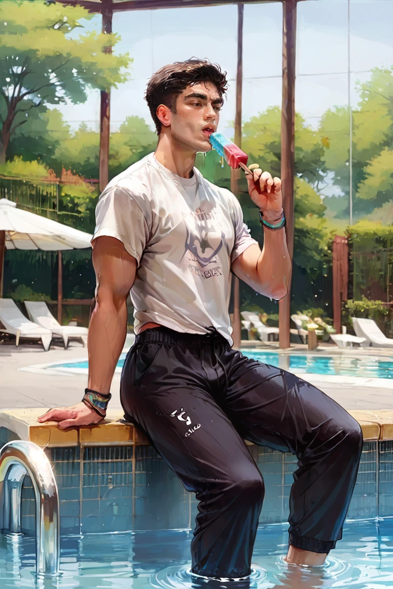 score_9, score_8, score_7, male, ,1boy, t-shirt, leggings, poolside, holding a popsicle, solo male, sitting, black hair<lora:EMS-439346-EMS:1.000000>