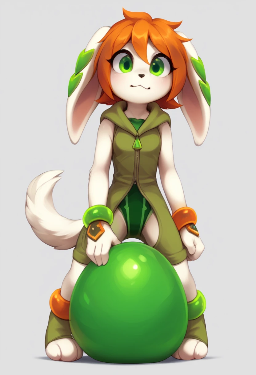 score_9,score_8_up,score_7_up,score_6_up,score_5_up,score_4_up, 1girl, solo, shiny clothing, reflective clothing, reflective balloons, shiny, 

solo, female, cute, innocent, oblivious, clueless, milla basset, white fur, long ears, floppy ears, two green gems on each ear, furry tail, orange hair, green eyes, bracelets, green leotard, green striped leotard, green sleeveless hoodie,crotchless harness, shiny, reflective, wagging tail, white tail,

safe, rating safe,
side,
from below,
 crotch
,
sitting on a balloon,
,
,
,
blank background,
