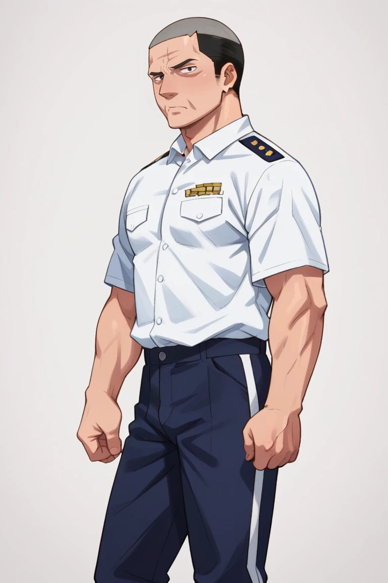 score_9, score_8_up, score_7_up, score_6_up, source_anime, anime coloring, perfect anatomy, perfect proportions, best quality, masterpiece, high-resolution, high quality, aesthetic, absurdres, (male focus), solo male, Yoshiyasu Matsubara, buzz cut, very short hair, two-tone hair, black eyes, sanpaku, frown, wrinkle, JGSDF uniform, white collared shirt, short sleeves, JGSDF Colonel rank slides, JGSDF pants, dark blue pants, two-tone pants, side stripe pants, black shoes, adult, mature, masculine, manly, handsome, charming, alluring, (upper body, feet out of frame, portrait, headshot, close-up ), dark atmosphere, simple background<lora:EMS-442463-EMS:0.800000>