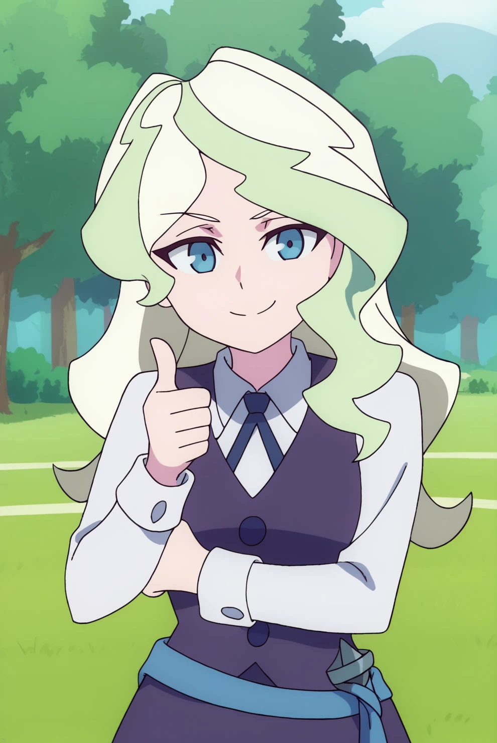 smiling, thumbs up to viewer, friendly, helpful, cheerful expression,  Diana Cavendish, solo <lora:Little_Witch_Academia-Diana_Cavendish-PDXL:0.8>