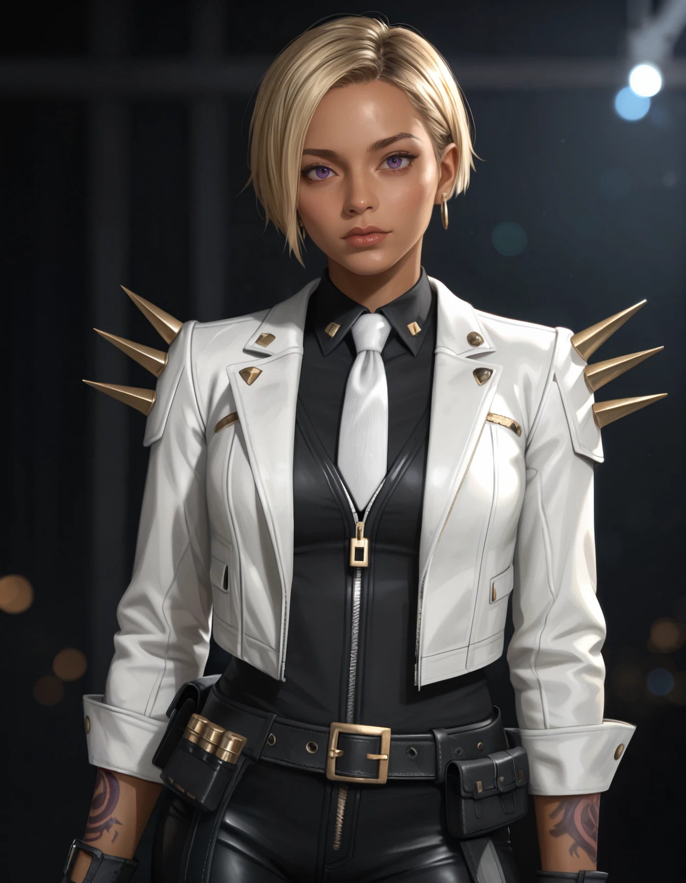 (embedding:Pony\Pony_PDXL_Negative_Embeddings\zPDXLrl),photorealism,upper body,portrait,dark background,1girl,black fingerless gloves,dark skin,white jacket,blonde hair,belt,short hair,black shorts,standing,looking at viewer,facing_to_the_side,white necktie,arm tattoo,shoulder spikes,black shirt,earrings,purple nails,leg tattoo,zipper,long sleeves,     <lora:MyTrainings\Temp\Mad_Maggie_Furious_Fatale_XL_Pony_ARZUMATA-000009.safetensors:0.5>