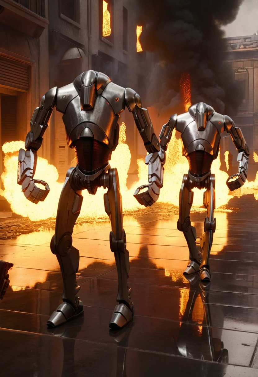 7-B2 droids, battlefield, running, war, buildings exploding, full body shot, fire embers, warm lighting [reflections, accurate lighting, shadows, realistic, high quality photo, 4k, hd, smooth metallic surfaces]