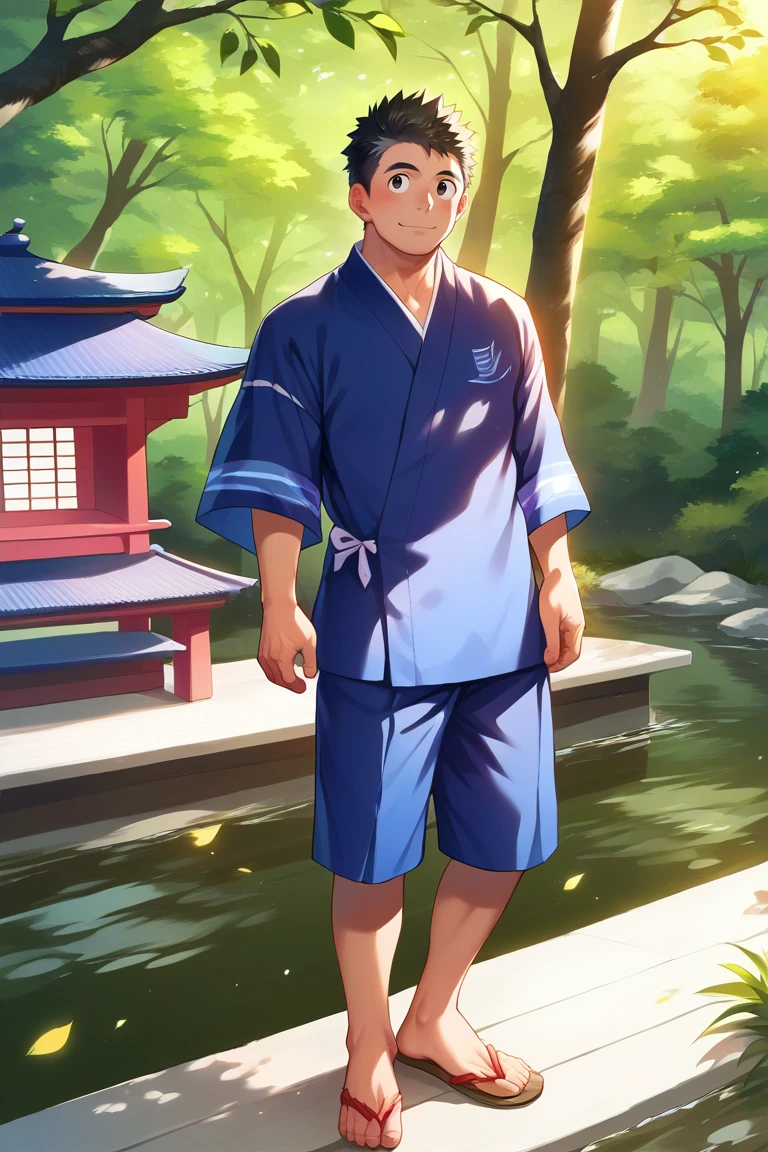 score_9, score_8_up, score_7_up, score_6_up, hannekenjinbei, outdoor, japanese architecture, trees, sunlight, feet out of frame, perfect anatomy, perfect proportions, best quality, masterpiece, high_resolution, high quality, aesthetic, absurdres, male focus, solo male, asian man, very short hair, black hair, black eyes, blue japanese clothing, jinbei \(japanese clothing\), indigo jinbei, yarn knitting on sleeves, wide sleeves, short sleeves, side-knot closure clothing, indigo jinbei half pants, uchiwa handheld fan, adult, mature, masculine, manly, handsome, charming, alluring, standing, upper body, dutch angle, cowboy shot, pond, japanese garden<lora:EMS-443617-EMS:0.800000>