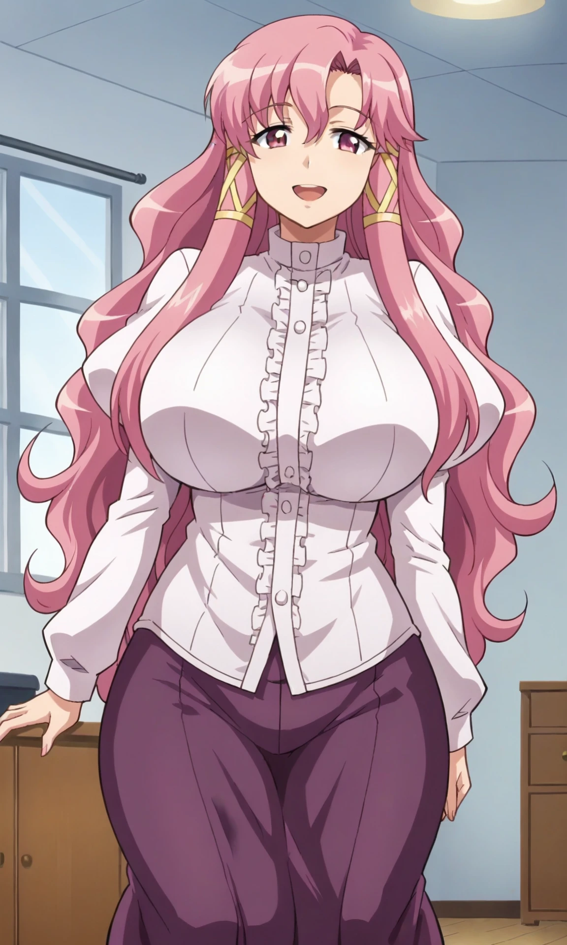 score_9, source_anime, anime colouring, anime screencap, cattleya de la fontaine, pink hair, pink eyes, hair intakes, wavy hair, long hair, sidelocks, long sidelocks, yellow sidelock bands, 1girl, solo, open mouth, smile, joyful, (huge breasts:1.3), (wide hips:1.3), long sleeves, puffy sleeves, frilled shirt, white shirt, purple skirt, long skirt, hallroom, ceiling, windows, cowboy shot, looking at viewer 