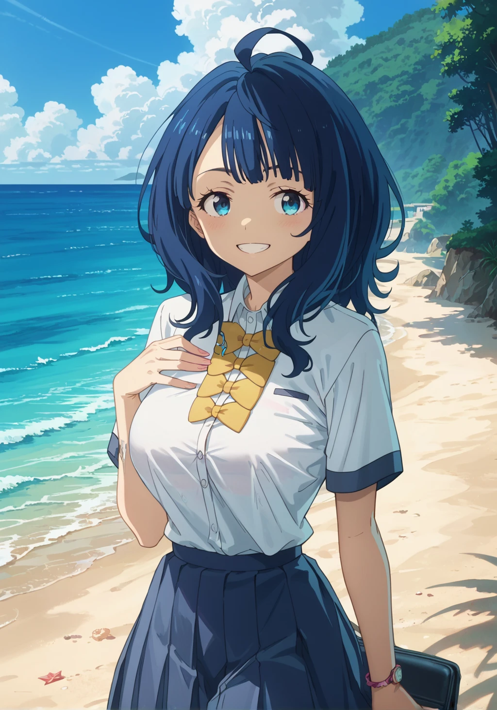 score_9, score_8_up, score_7_up,source_anime, zPDXLxxx, zPDXL,
solo, standing, outdoors, school uniform, happy, smile, looking at viewer, large breasts, beach, ocean, 
<lora:YanamiAnna:1>, yanamianna, medium hair, ahoge, anime screencap, anime coloring