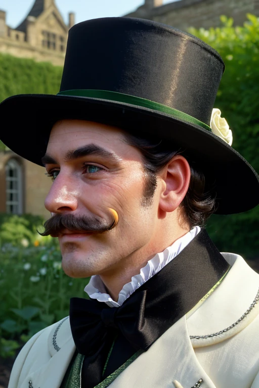 smiling, mustache, top_hat, garden_background, victorian_clothes, close-up, side_profile, green_eyes, sideburns