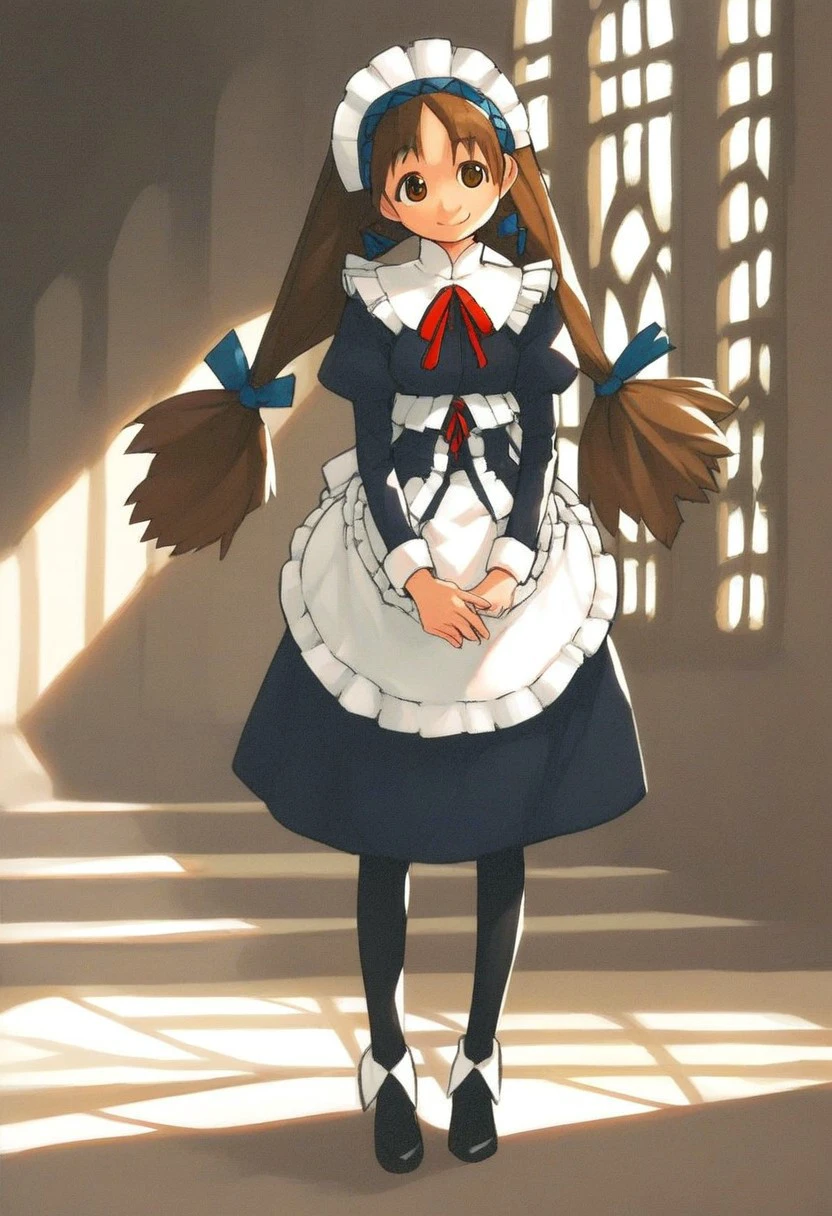 score_9_up, score_8_up, score_7_up, score_6_up, score_5_up, score_4_up, 1girl, solo, Yuki_MCMG, maid, maid headdress, long brown hair, twintails, black pantyhose, black shoes, brown eyes, apron, smile, standing in an (old mansion), source_anime