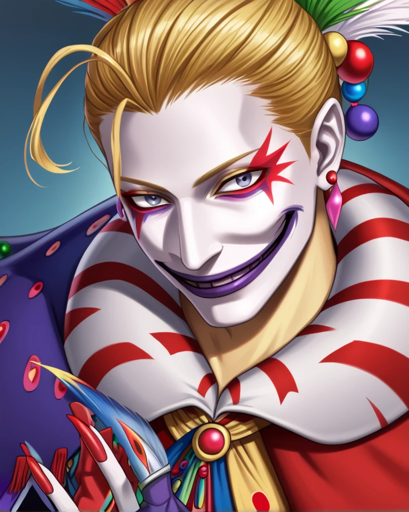 blonde hair, 1boy, male focus, earrings, smile <lora:Kefka_FORPONY-10:1>clown, facepaint, cape, gloves, lipstick, earrings, evil smile, feathers