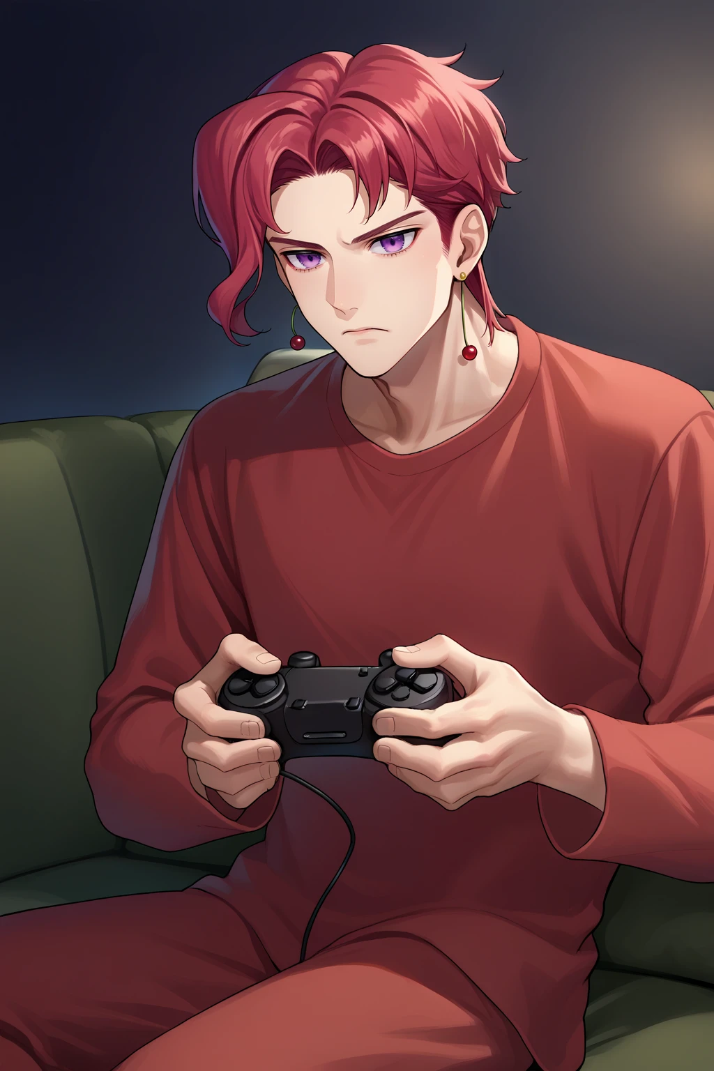 score_9, score_7_up, source_anime, cowboy shot, serious, 1boy, kkn, purple eyes, short hair, cherry earrings, pajamas, indoors, playing games, holding controller, sitting, on couch, indoors, night, dark room, bedroom, screen light, <lora:Hoseki_JoJosBizarreAdventure_KakyoinNoriaki_PDXL_v1:1>