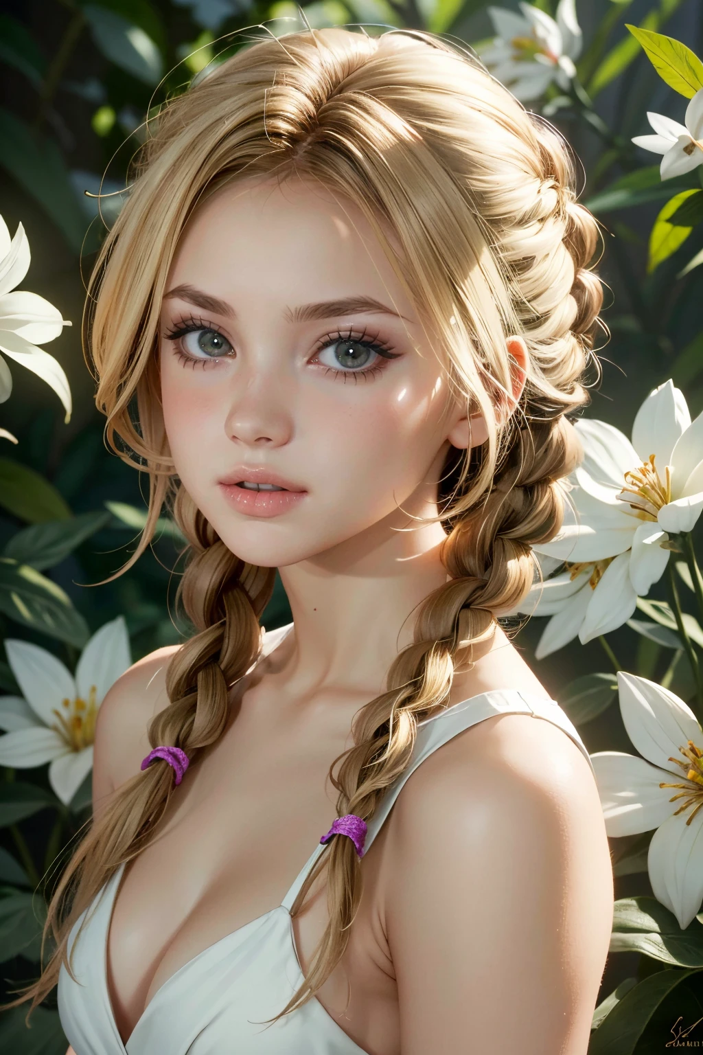 ((ultra detailed, masterpiece, absurdres))
<lora:UDJess:0.8>
UDJess, 1girl, blonde hair, twin braids, looking at viewer, Magical glade with fairies and glowing flowers, ethereal and whimsical, portrait