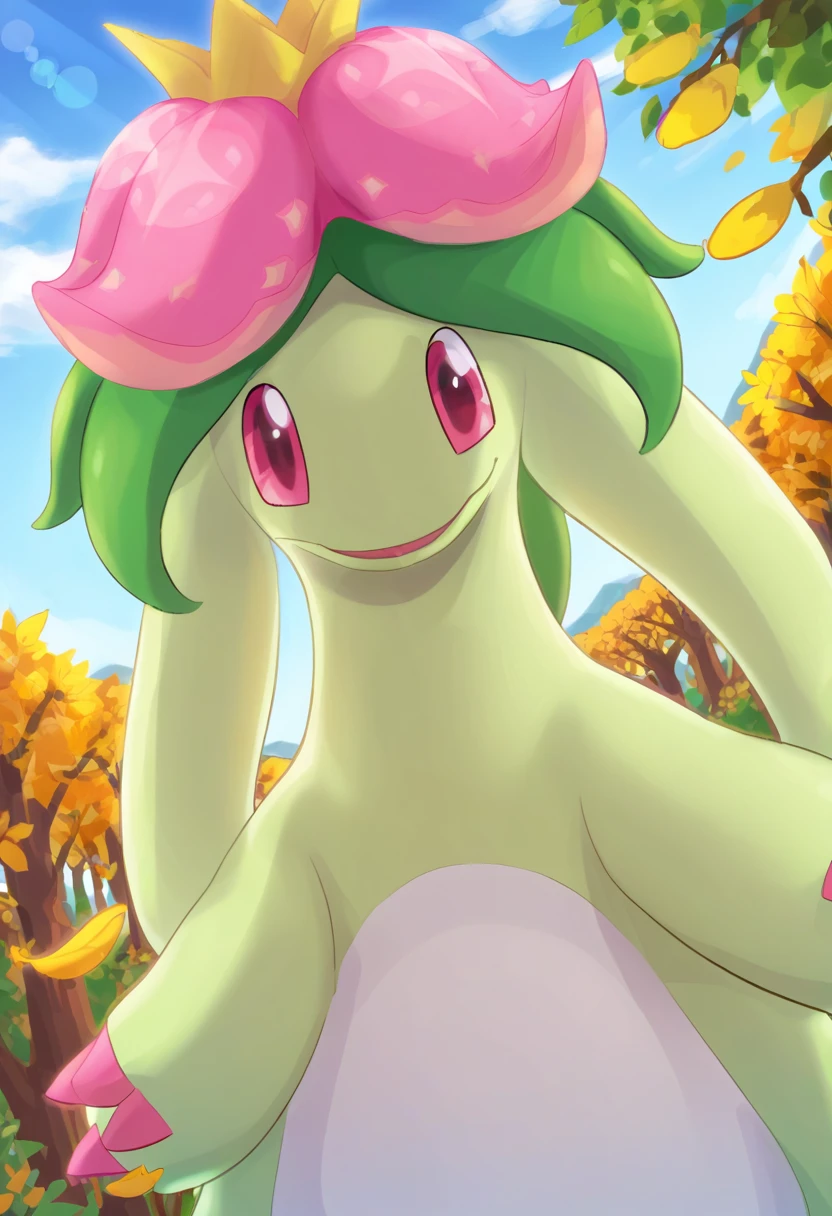 score_9, score_8_up, score_7_up, source_anime BREAK
forest background, leaves, trees, sunbeam, lens flare, clouds, blue sky, wildflowers, flowers, colorful
Dinossom_Palworld, pink eyes, white belly, green body, flower, tail, pink claws, flower, standing, open arms, smile happy looking at viewer dutch angle
 <lora:Dinossom_Palworld:1>