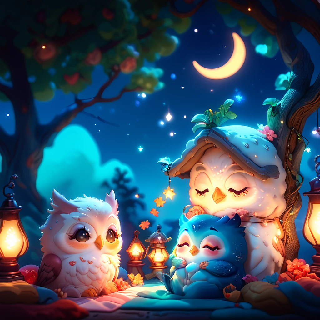 core_9, score_8_up, score_7_up, score_6_up,   <lora:ArsMJStyle_-_Cute:1> ArsMJStyle, Cute, Sleepy owl family in cozy treehouse at night. Crescent moon, twinkling stars, warm lamplight from windows. Cute owl expressions, quilted blankets, simple tree texture.