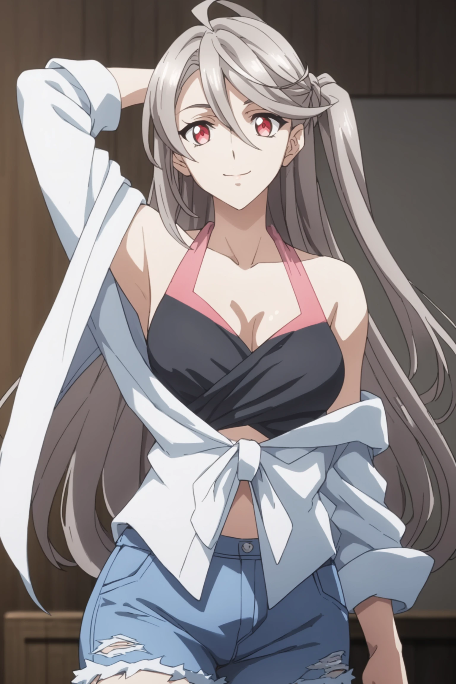 score_9, score_8_up, score_7_up, score_6_up, score_5_up, source_anime, rating_safe, indoors, 1girl, solo, medium breasts, looking at viewer, <lora:age_slider_v4:2>, seria urutsuki, long hair, grey hair, side ponytail, hair between eyes, ahoge, red eyes, tank top, pink tank top, black tank top, white shirt, tied shirt, collarbone, bare shoulder, blue shorts, denim shorts, gladiator sandals, <lora:Seria_Urutsuki:0.8>, (dynamic pose:1.4)