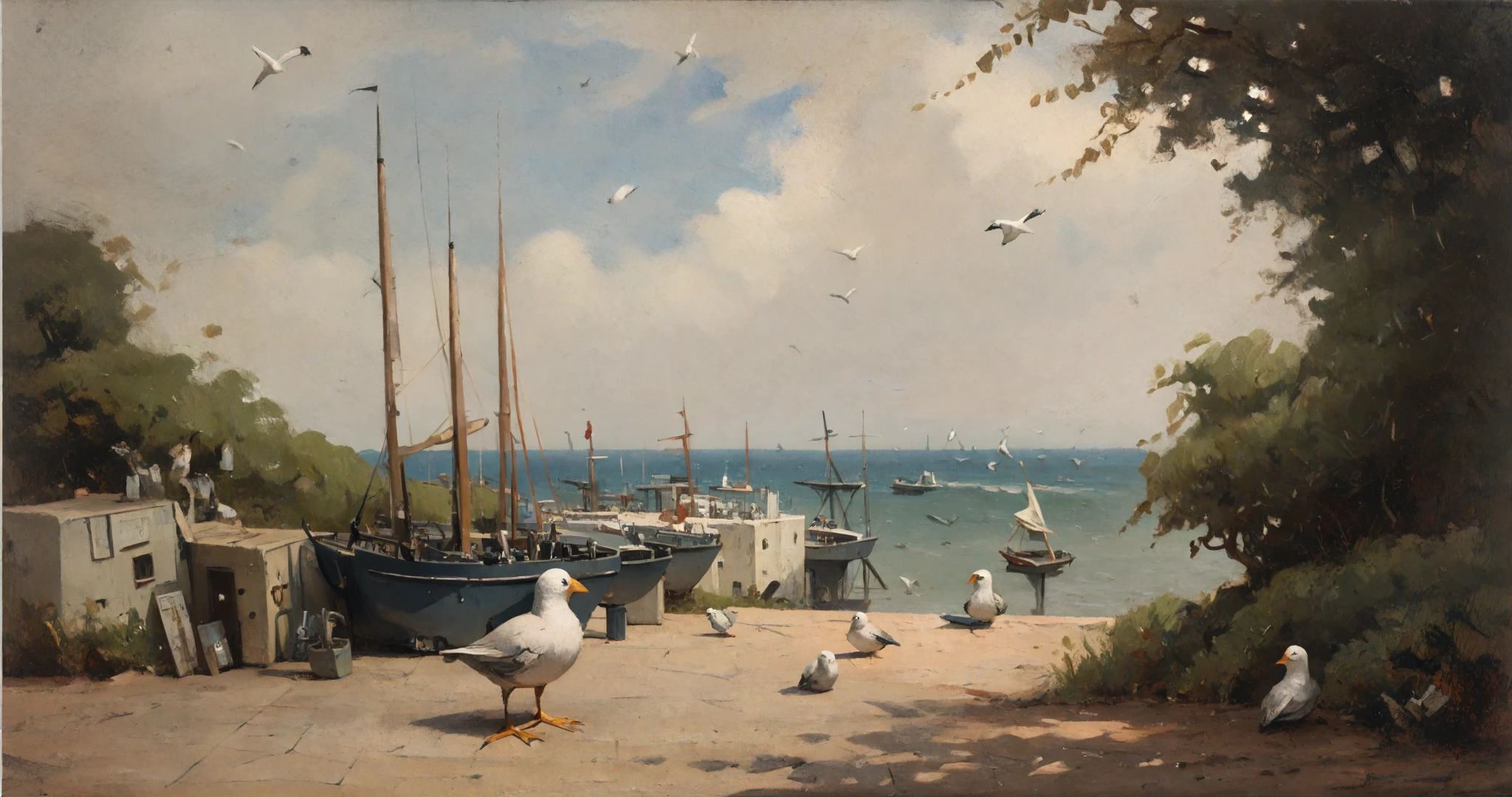 <lora:nathaniel-hone-the-younger_pony_v1:1> 'ships at a harbor' by nathaniel hone the younger in 1111, seagulls,outdoors, no humans, military watercraft, general, score_9, score_6_up, score_7_up