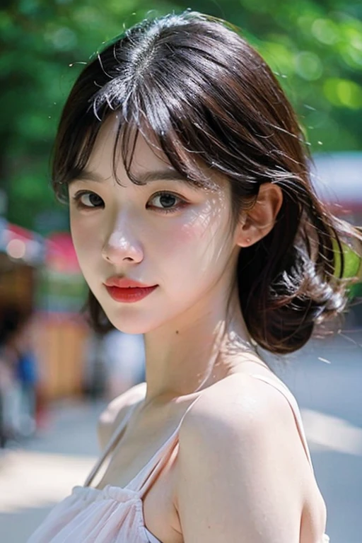 masterpiece, best quality, ultra-detailed, ultra high res, (photorealistic:1.4), raw photo, (realistic:0.2), 8k HDR, realistic cool temperature lighting, 1girl, solo, asymmetrical hair, outdoor, (traditional market:1.2), bokeh, (detailed lips), (detailed pores), (detailed skin textures), (detailed face:1.2), (body:1.2), a woman in a sundress, promotional image, a character portrait,