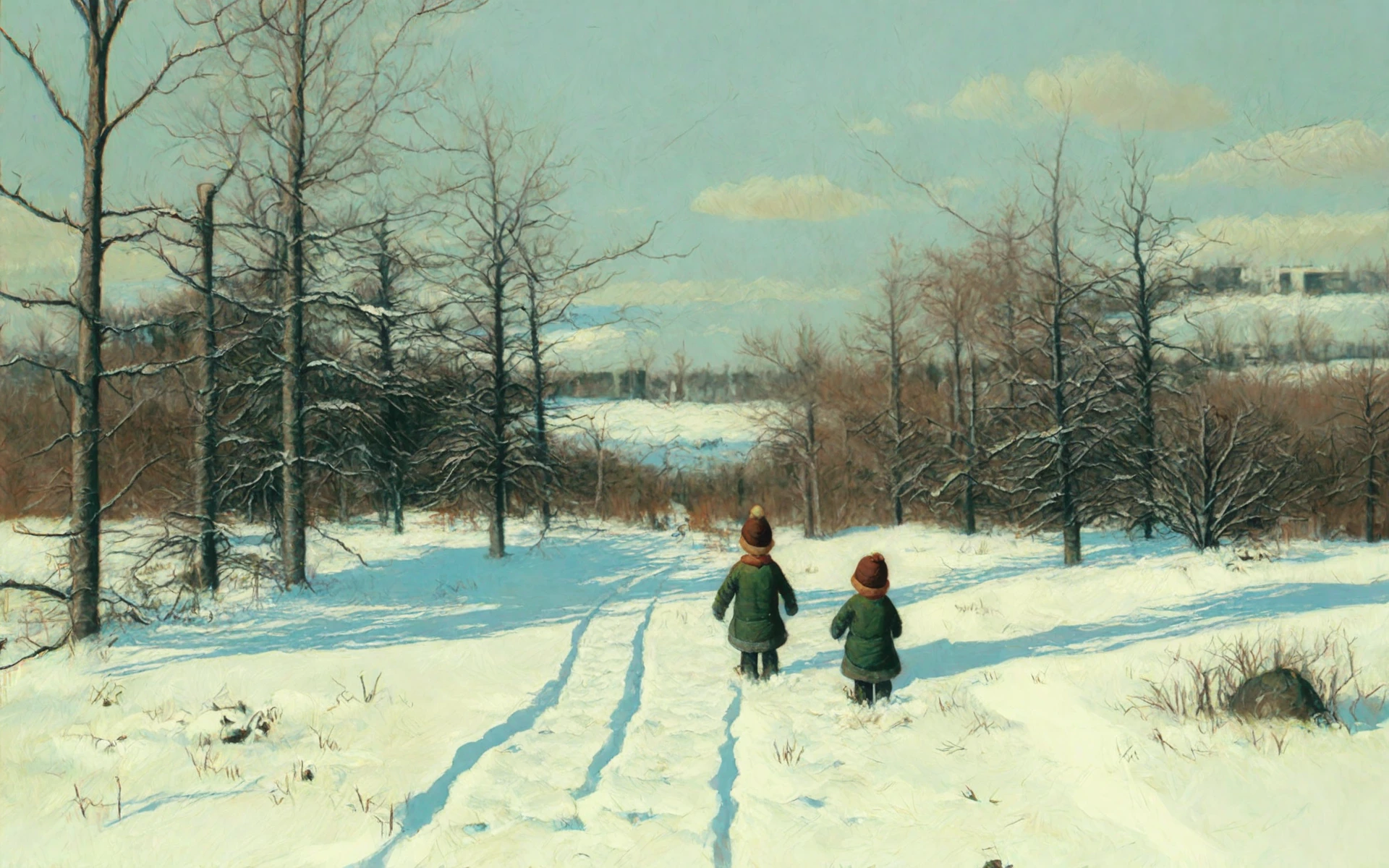 <lora:hans-andersen-brendekilde_pony_v1:1>  'winter fun' by brendekilde hans andersen in 1888 in 1890,  landscape \(genre\),socialist realism \(style\), outdoors, tree, children playing in the snow , general, score_9, score_6_up, score_7_up