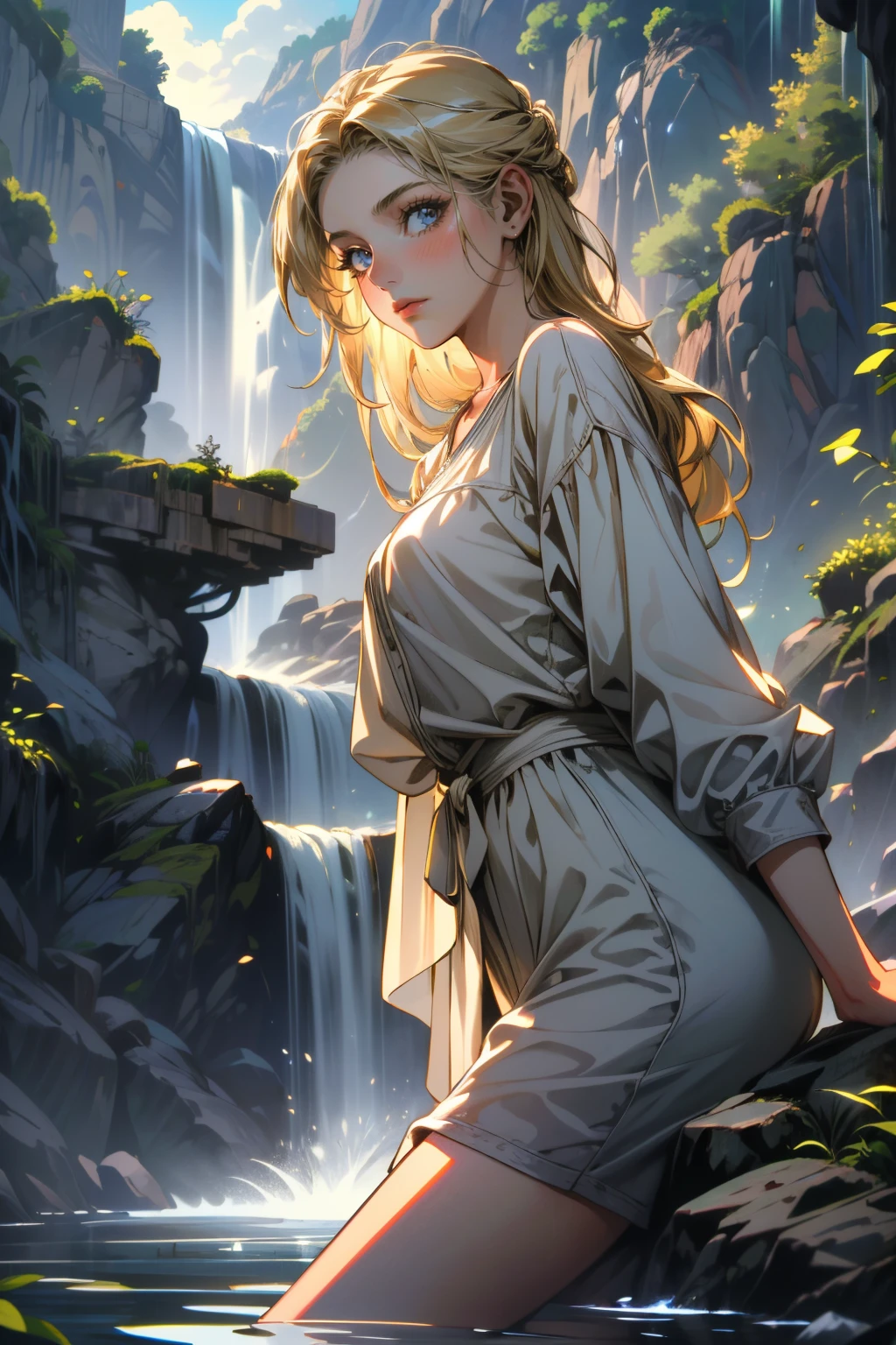 ((ultra detailed, masterpiece, absurdres))
<lora:UncElena:0.8>
UncElena, 1girl, blonde hair, blue eyes, looking at viewer, in front of hidden mountain waterfall, morning, secluded and refreshing with soft morning light on cascading water