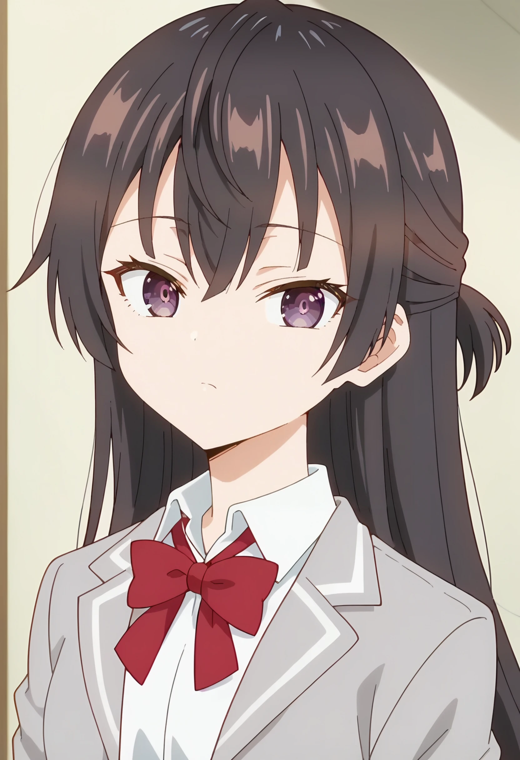 Yuki Suou, long hair, solo ,  black hair,  hair between eyes,  brown eyes, purple eyes,  half updo ,brown hair,     red bow, grey jacket, collared shirt, school uniform, white shirt,  red bowtie,  ,long sleeves, open jacket,  , looking at viewer  <lora:Yuki Suou-000013:0.9>, score_9, score_7_up,anime coloring ,source_anime, anime, anime screencap