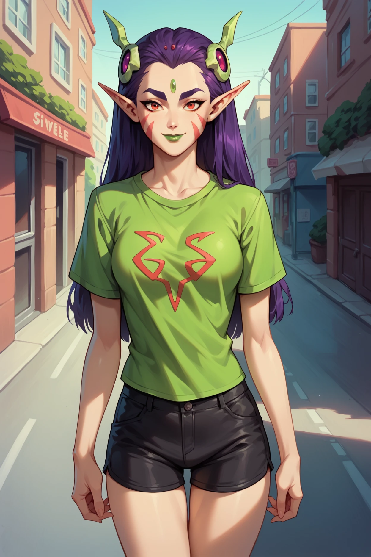 score_9, score_8_up, score_7_up, score_6_up, 1girl, solo, sivilmcseven, red eyes, purple hair, long hair, facial mark, forehead jewel, pale skin, pointy ears, lipstick, t-shirt, black shorts, street, outdoors, looking at viewer, smile,
 <lora:Sivil:1>