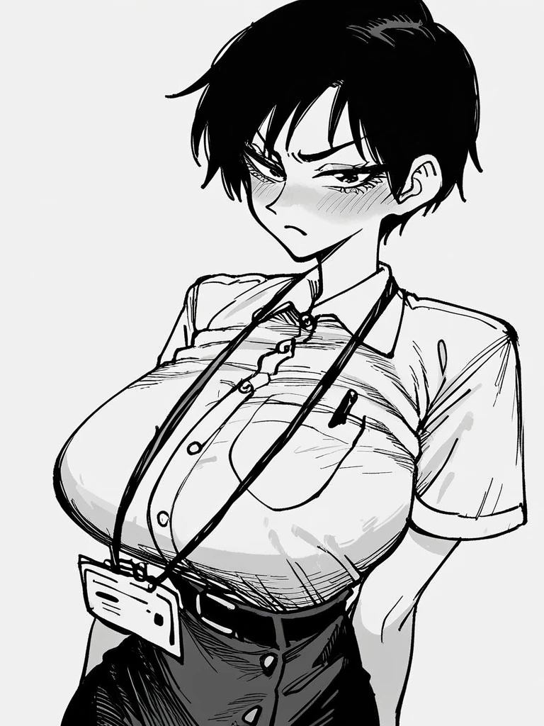 score_9, score_8_up, score_7_up, 
 1girl, monochrome, black hair, short hair, huge breasts,

teacher, white shirt, short sleeves, lanyard, belt, pencil skirt, white background, looking at viewer, narrowed eyes, frown, nervous,
