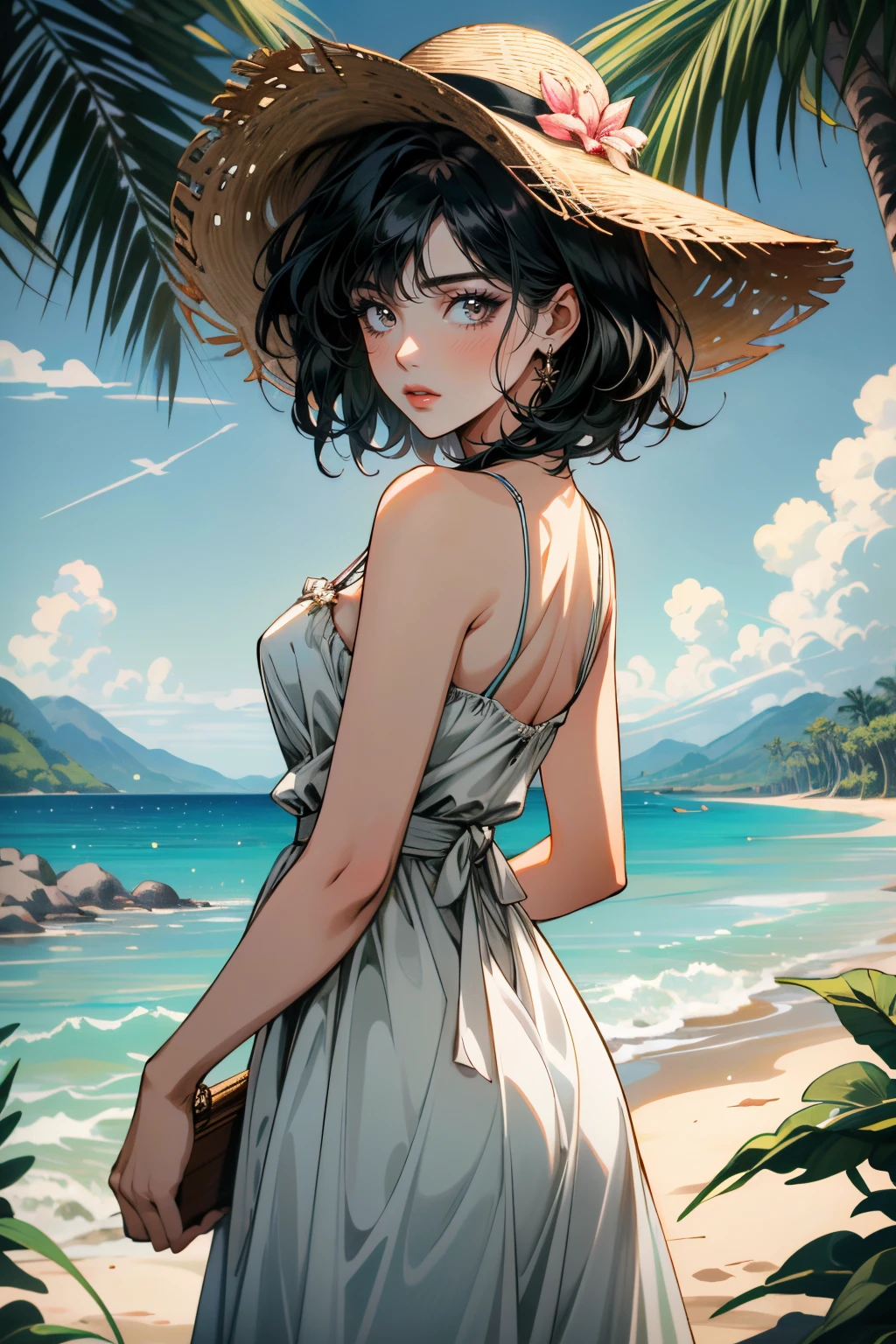 ((ultra detailed, masterpiece, absurdres))
 <lora:UDEmily:0.8>
UDEmily, 1girl, black hair, looking at viewer, on a tropical island, sundress, palm trees