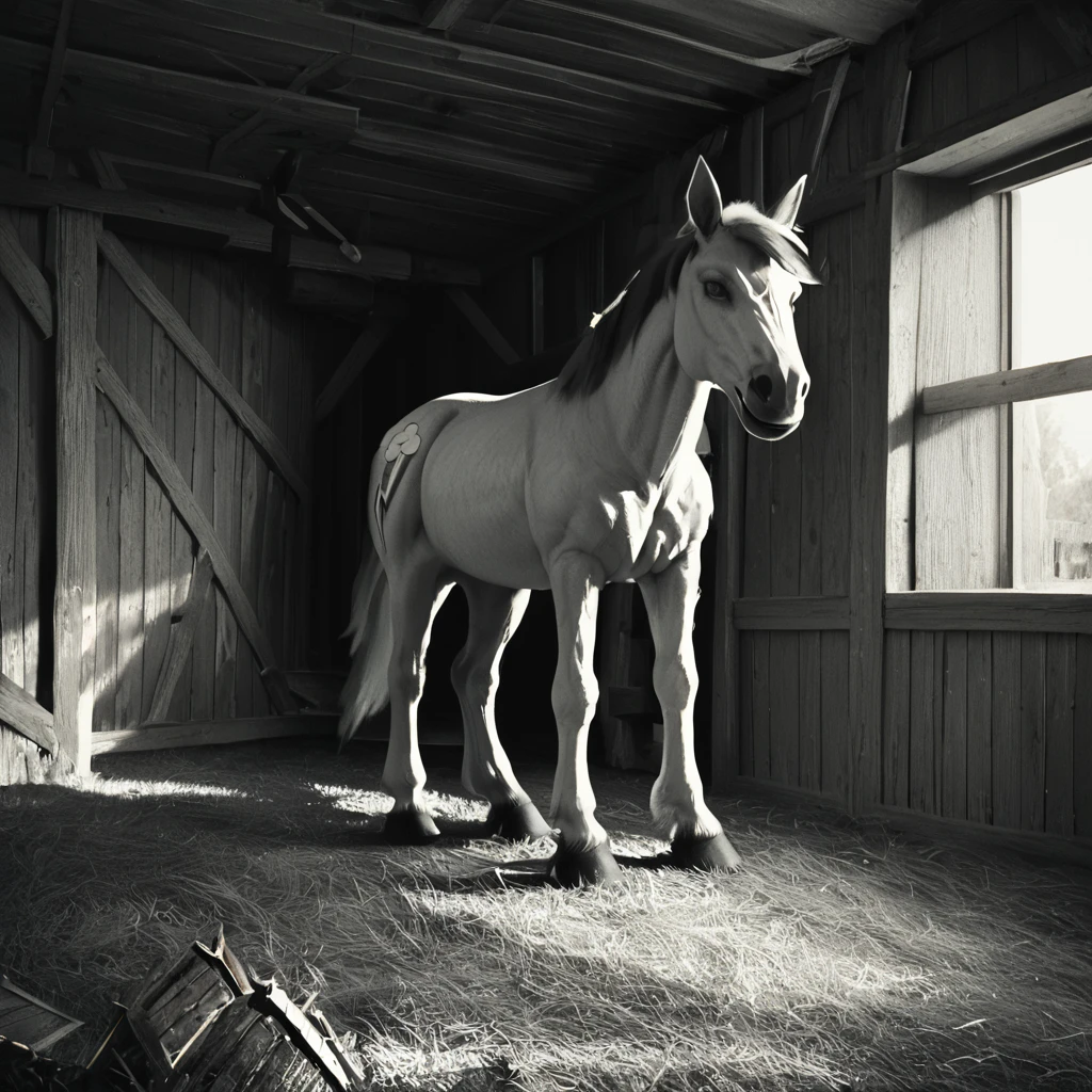 score_9, score_8_up, score_7_up, score_6_up, score_5_up, score_4_up, rating_safe,zPDXL2,source_photo,photrealistic,detailed,cinematic,monochrome,greyscale,1horse,solo,rainbow dash,indoors,barn,wooden walls