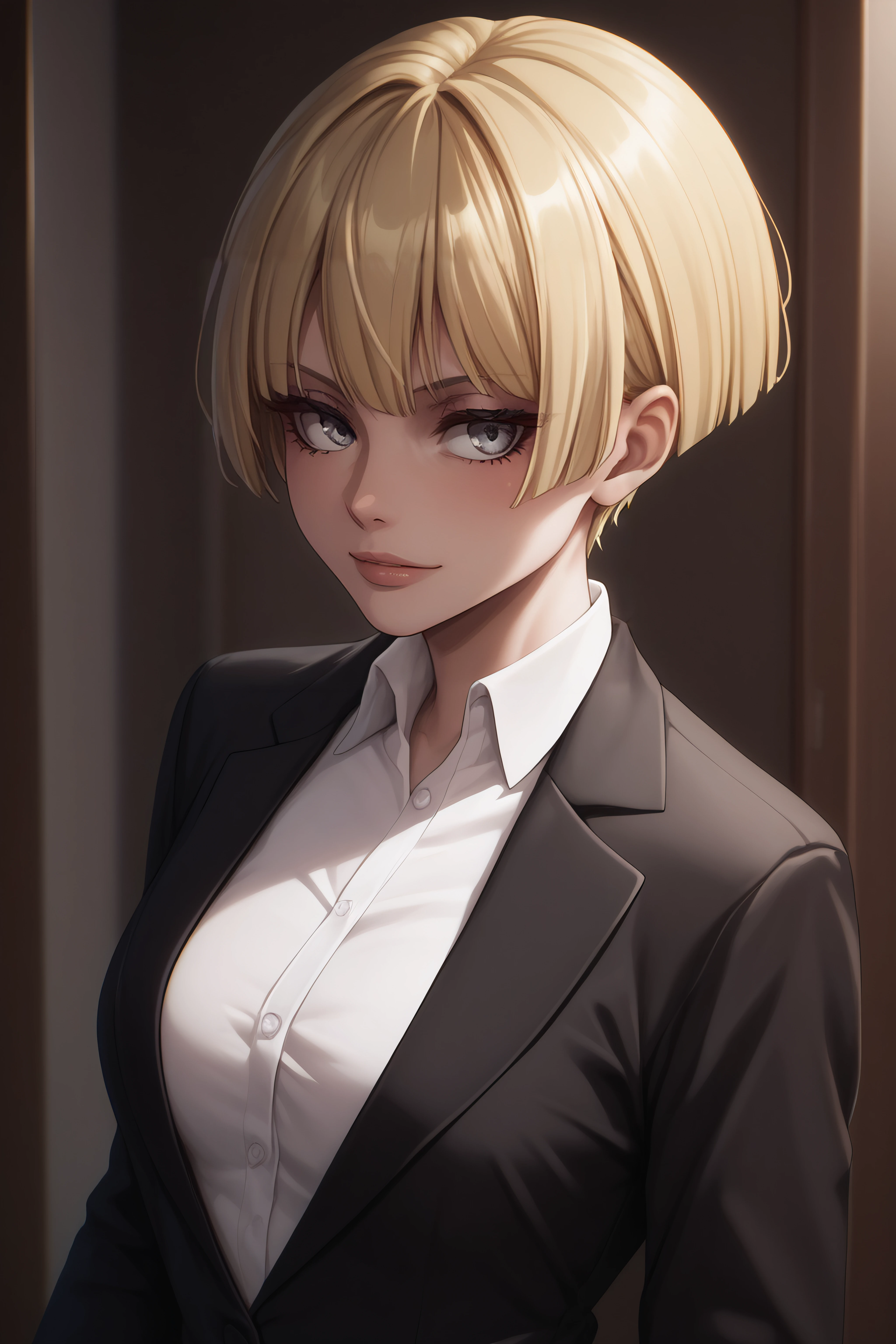 score_9, score_8_up, score_7_up, BREAK source_anime, <lora:Yelena-PonyXL-lora-Faxtron:0.8> yelena, grey eyes, blonde hair, white shirt, black suit, long sleeves,