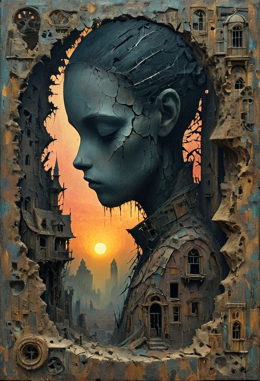 Captivating double exposure image, blending together a post apocalyptic ruined city and the profile of an person face, The ruined city should serve as the underlying backdrop, with its details subtly incorporated into the contours of the person's silhouette, 
The background should reflect a dreamy sunset,  double exposure, mythological, best quality, gloomy, Van Gogh, Craola, Dan Mumford, Andy Kehoe, Miyazaki, patchwork, 2d, flat, cute, adorable, vintage, art on a cracked paper, storybook detailed illustration, cinematic, ultra highly detailed, tiny details, beautiful details, mystical, luminism, complex background, trending on artstation, sharp focus, studio photo, intricate details, highly detailed, by greg rutkowski, trending on artstation, sharp focus, studio photo, intricate details, highly detailed, by greg rutkowski,
use colors like dark olive and olive and purple