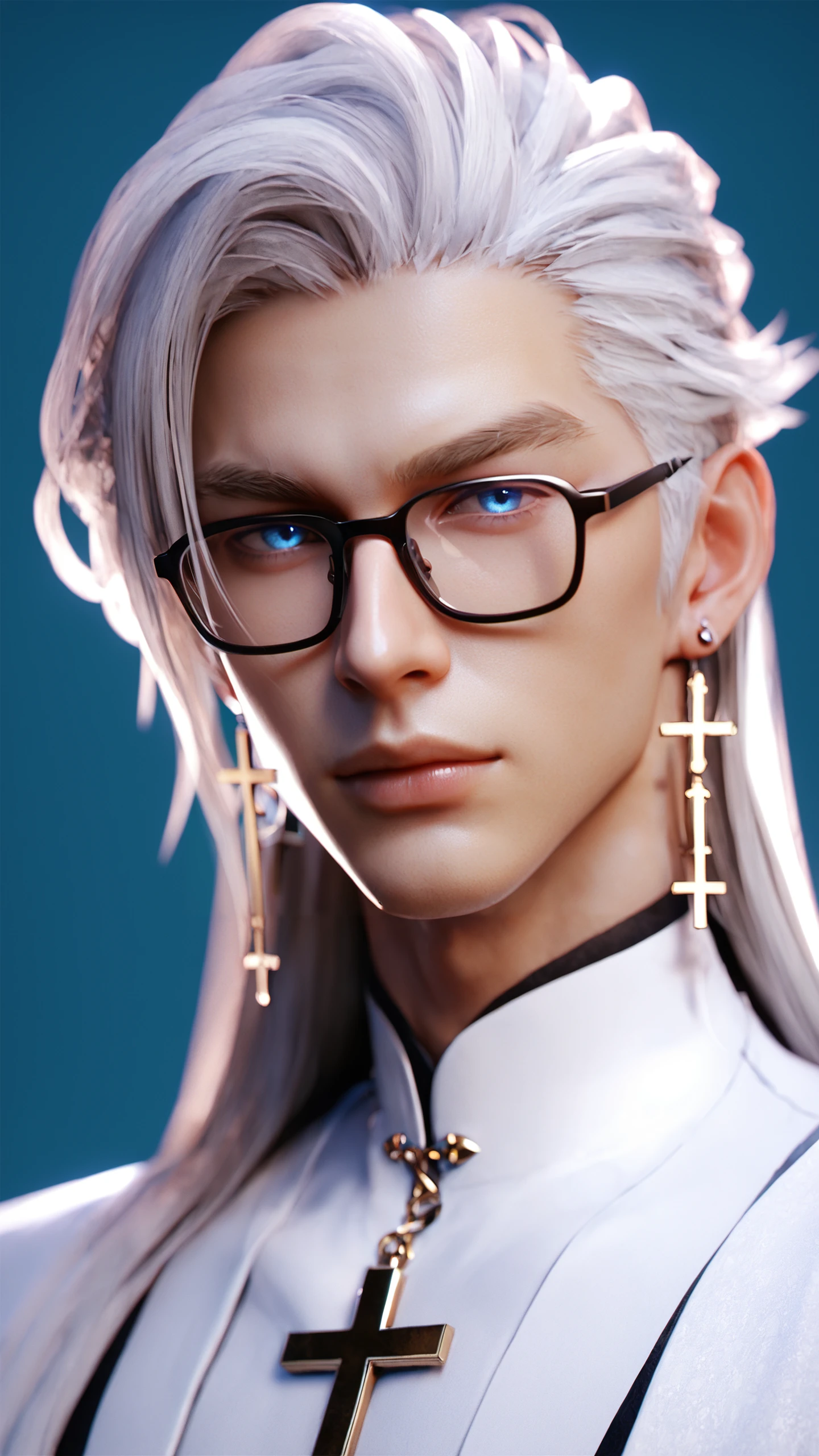 score_9, score_8_up, score_7_up, i want the whole image to be created in 3D anime style, solo, long hair, looking at viewer, blue eyes, simple background, 1boy, jewelry, closed mouth, white hair, male focus, earrings, glasses, blurry, lips, cross, portrait, black-framed eyewear, realistic, cross earrings