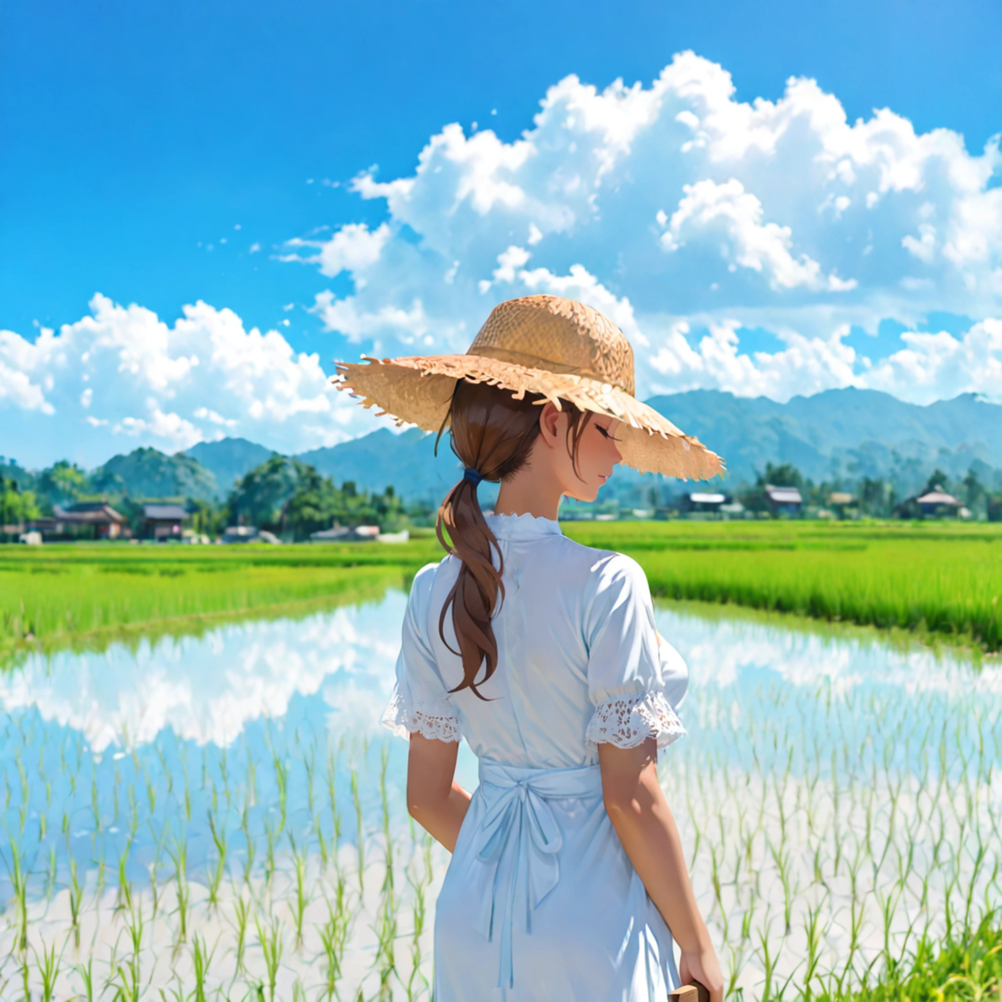 realistic,8k,detailed,summer,rice field,paddle,reflection,scenery,
girl,standing,upper body,close up,forhead,brown hair, long hair,low ponytail, tanned skin,brown eyes,straw hat, white sundress, closed eyes, 
blue sky,sunlight,shadow,huge cloud,blue background,blurry background,blurry foreground
<lora:Rice_field_r2:0.8>,<lora:Vivid:0.8>,<lora:Fixhands_anime_bdsqlsz_V1:1> ,best quality, masterpiece,