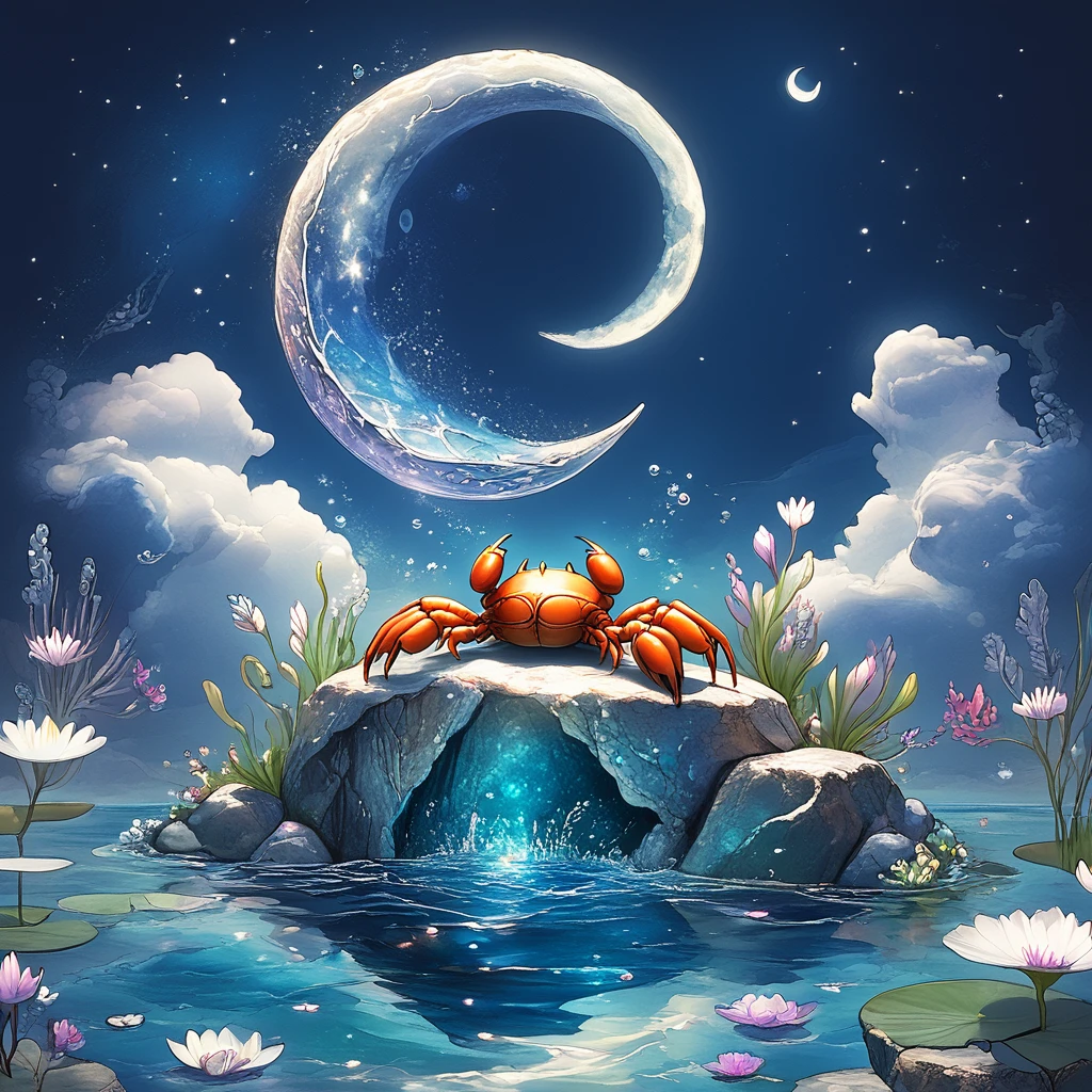 Score_9, score_8_up, score_7_up, score_6_up,    <lora:ArsMJStylePony:1>, ArsMJStyle, Cancer, The image shows a crab perched on a rocky shore, bathed in the soft glow of a crescent moon. The crab's shell is a deep blue, with intricate silver patterns resembling the night sky. Surrounding the crab are gently illuminated water lilies floating in a calm tide pool, their petals reflecting the moonlight. The background features a tranquil ocean with gentle waves lapping against the rocks. The overall color palette is serene, with cool shades of deep blue, silver, and soft white, creating a peaceful, mystical atmosphere., no humans, animal, crab, shell, water, moon, crescent moon, ocean, night, serene, glowing, water lilies, rocks, soft light, tranquility