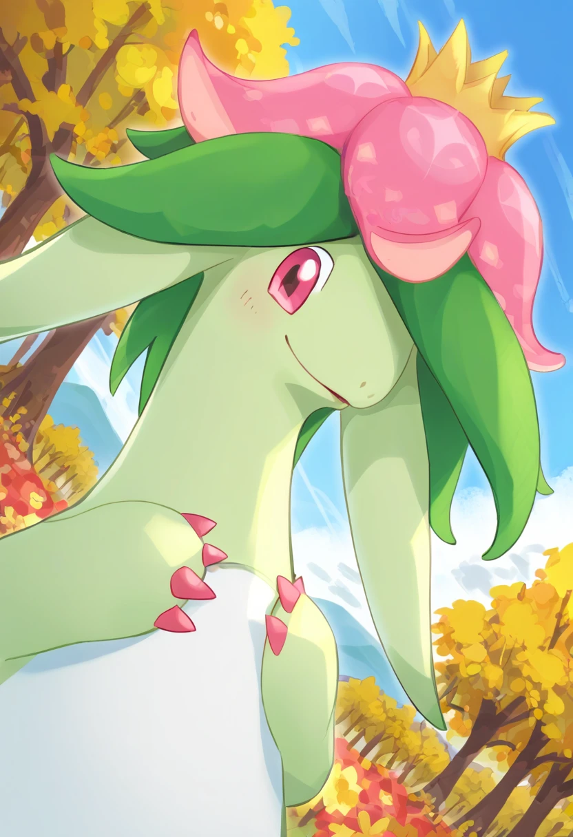 score_9, score_8_up, score_7_up, source_anime BREAK
forest background, leaves, trees, sunbeam, lens flare, clouds, blue sky, wildflowers, flowers, colorful
Dinossom_Palworld, pink eyes, white belly, green body, flower, tail, pink claws, flower, standing, open arms, smile happy looking at viewer, (dutch angle:1.4)
 <lora:Dinossom_Palworld:1>