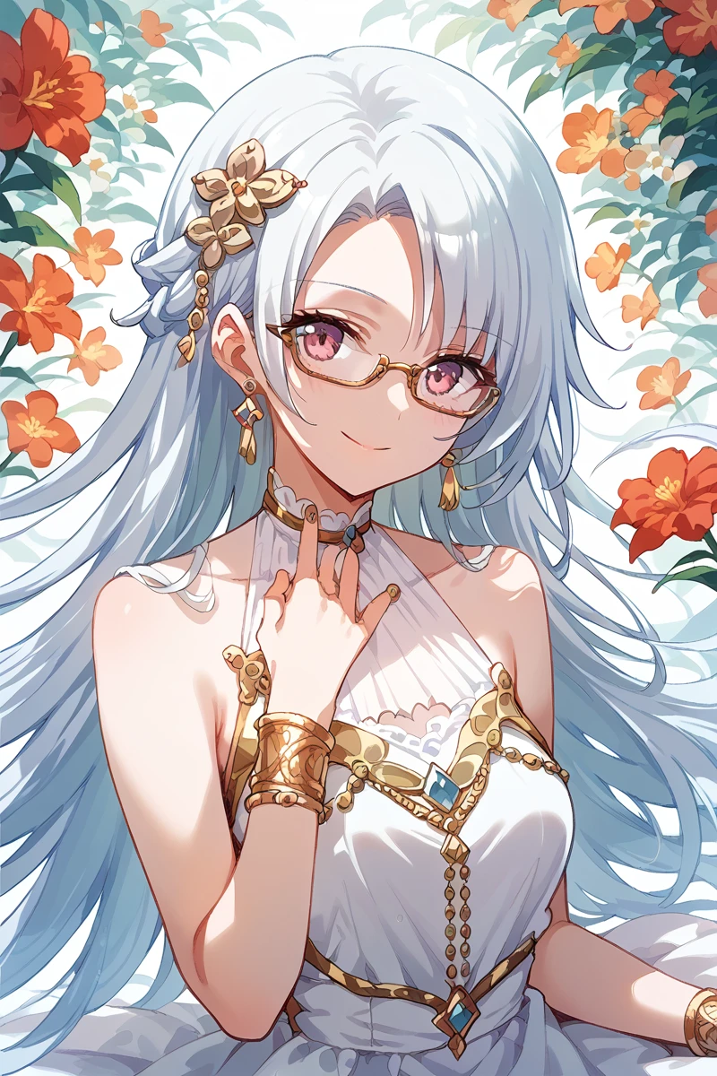 score_9, score_8_up, score_7_up, score_6_up, 1girl,
 <lora:Shiro_Ogami:0.9> shiro, solo, glasses, long hair, smile, jewelry, hair ornament, dress, looking at viewer, bracelet, flower, earrings, collarbone, upper body, sleeveless dress