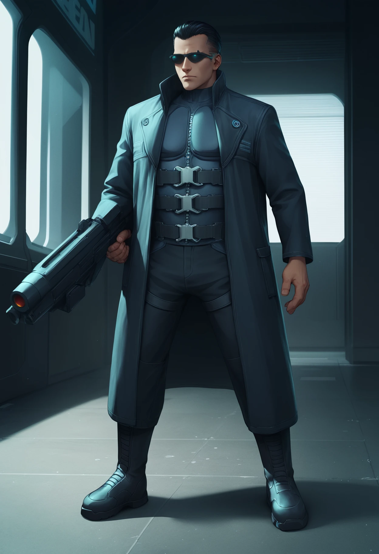 score_9, score_8_up, score_7_up, source_anime BREAK <lora:jcdenton-deusex-richy-v1_pdxl:1> 1boy, solo, male focus, standing, jde, sunglasses, black hair, short hair, black coat, trench coat, black boots, black pants, standing, indoors, cyberpunk, science fiction, rocket launcher, huge weapon