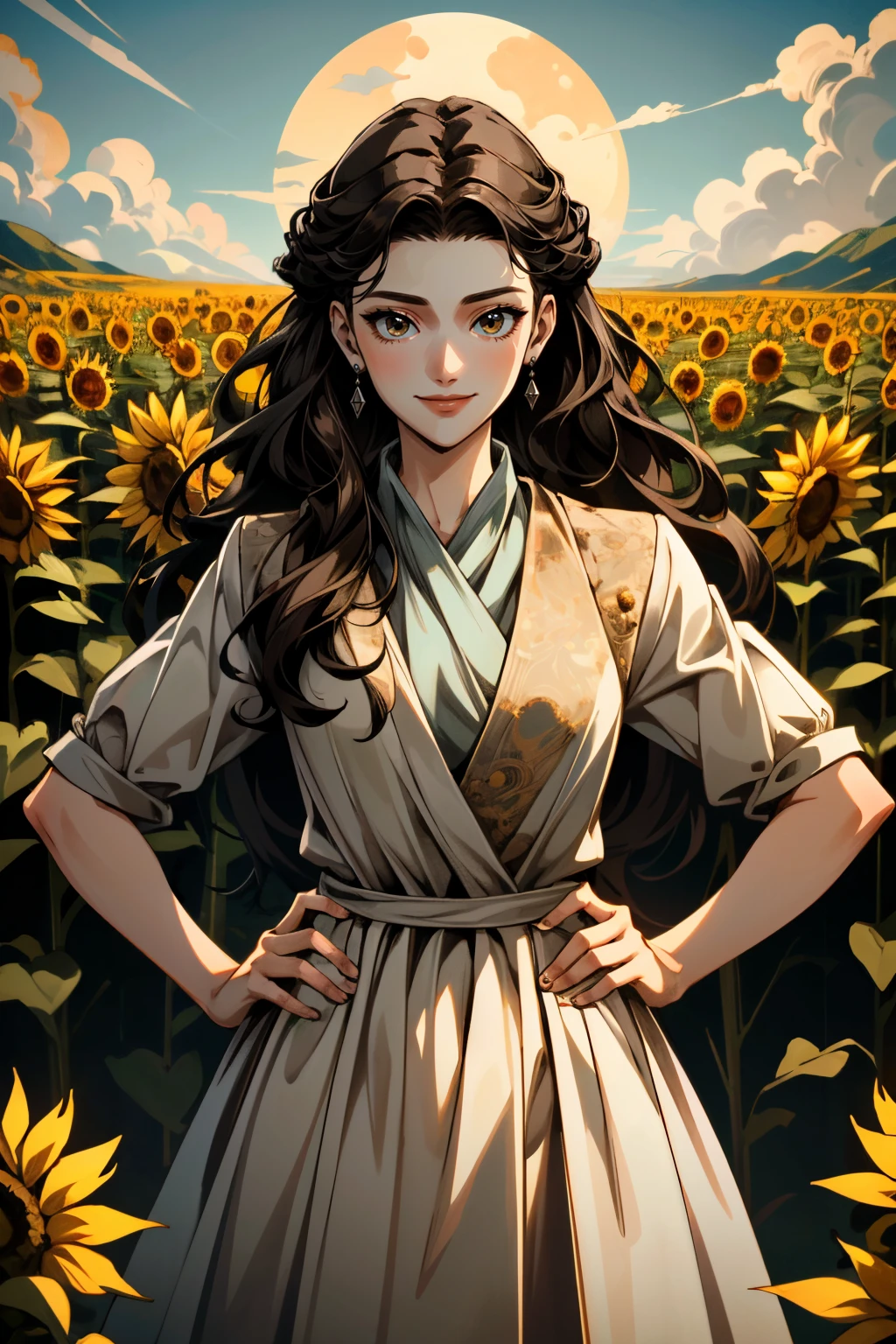 ((ultra detailed, masterpiece, absurdres))
 <lora:GOTMira:0.8>
GOTMira, 1girl, brown hair, long hair, looking at viewer, surrounded by sunflowers in a bright field, smiling, with hands on hips