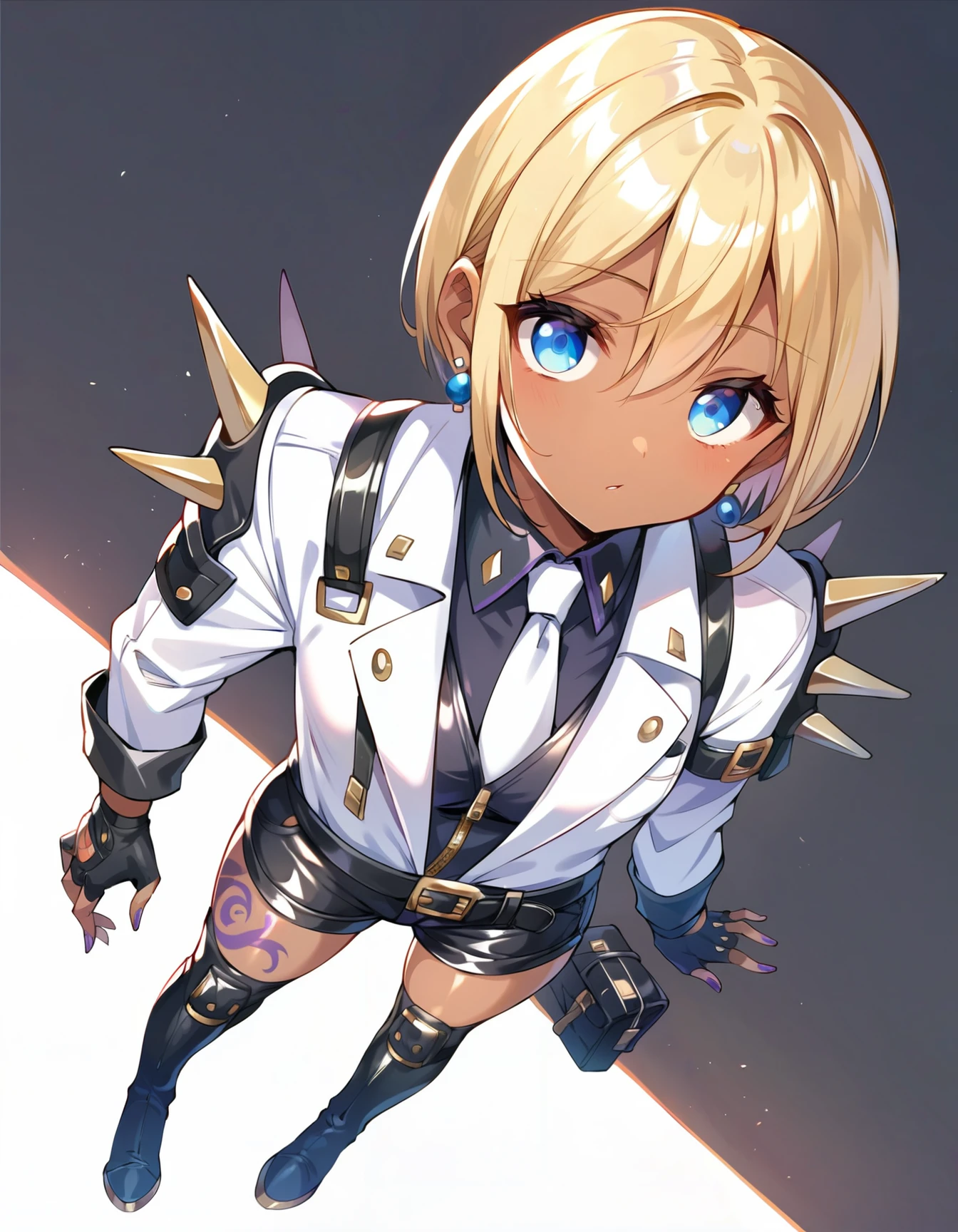 score_9,score_8_up,score_7_up,score_6_up,dark background,1girl,black fingerless gloves,dark skin,white jacket,blonde hair,belt,short hair,black shorts,knee pads,thigh boots,black thighhighs,full body,from above,standing,looking at viewer,facing_to_the_side,white necktie,arm tattoo,shoulder spikes,black shirt,earrings,purple nails,leg tattoo,zipper,long sleeves,     <lora:MyTrainings\Temp\Mad_Maggie_Furious_Fatale_XL_Pony_ARZUMATA-000009.safetensors:0.5>