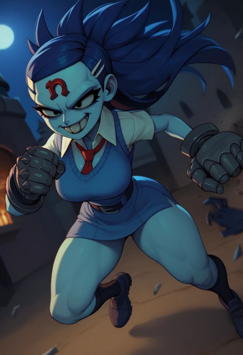 score_9,score_8_up,score_7_up,score_6_up,
ninacortexxl,black eyes,forehead jewel,buck teeth,blue hair,white hairclip,evil smile,long hair,
blue sweater vest,tie,white collared shirt,short sleeves,skirt,thick thighs,cleavage,
fighting stance,
evil castle,night,metal gloves,lighting,solo,
outdoors,<lora:NinaCortexXL:0.9>,