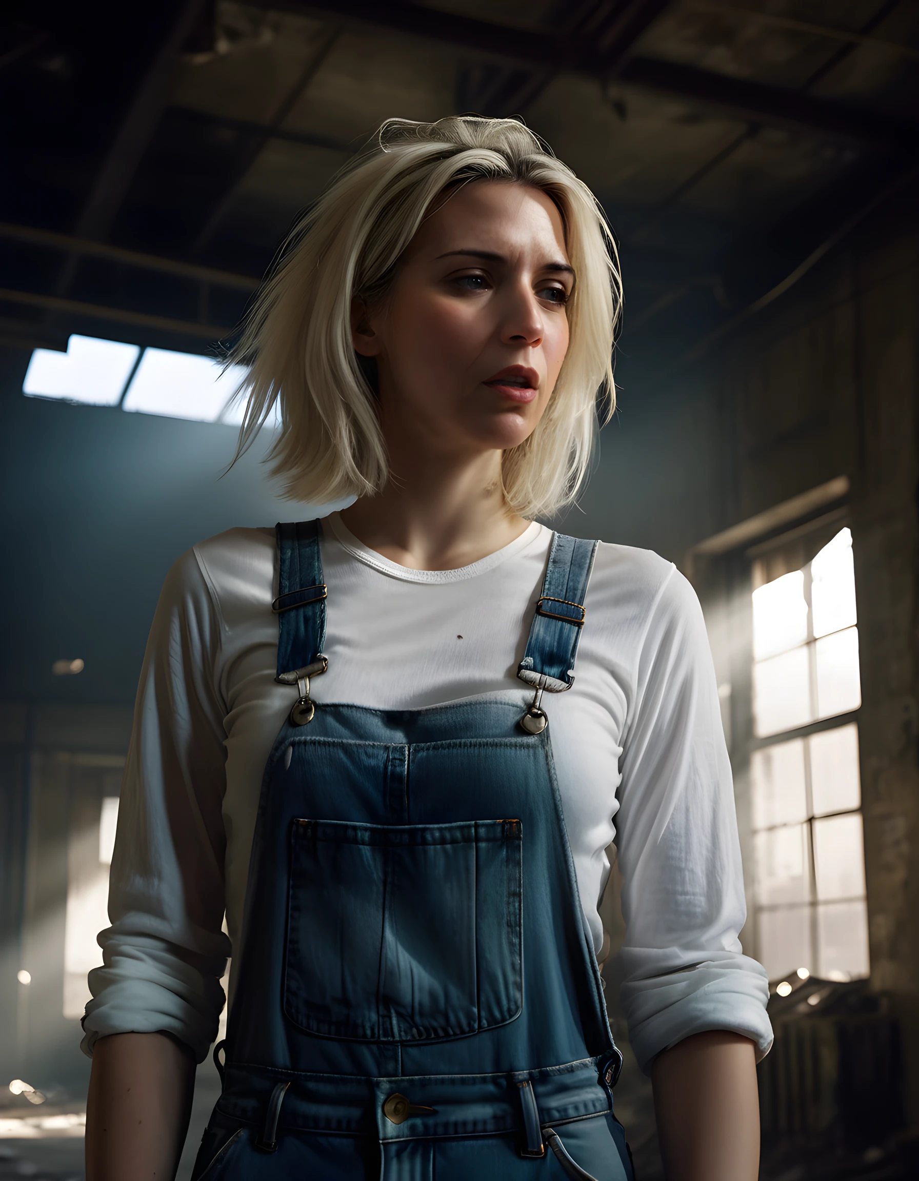 In a gritty, noir-inspired setting, the enigmatic G3MM44, a woman with platinum blonde hair cascading down her back like liquid smoke, stands in the dimly lit, cluttered confines of an abandoned warehouse. Her striking features are accentuated by a single beam of light piercing through the dusty window, casting dramatic shadows over her face. She wears a distressed pair of denim overalls, unzipped to reveal a pristine white shirt beneath, and she poses confidently with one hand casually in her pocket and her lips slightly parted, exuding an air of defiance and mystery, as if daring the world to question her intentions. The image is captured from a low angle, emphasizing her towering stature and the strength that emanates from every line of her body, making her a figure of both beauty and power in this stark, industrial landscape.