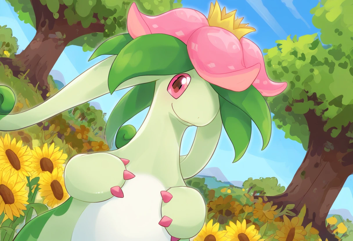 score_9, score_8_up, score_7_up, source_anime BREAK
forest background, leaves, trees, sunbeam, lens flare, clouds, blue sky, wildflowers, flowers, colorful
Dinossom_Palworld, pink eyes, white belly, green body, flower, tail, pink claws, flower, standing, open arms, smile happy looking at viewer, (dutch angle:1.4)
 <lora:Dinossom_Palworld:1>