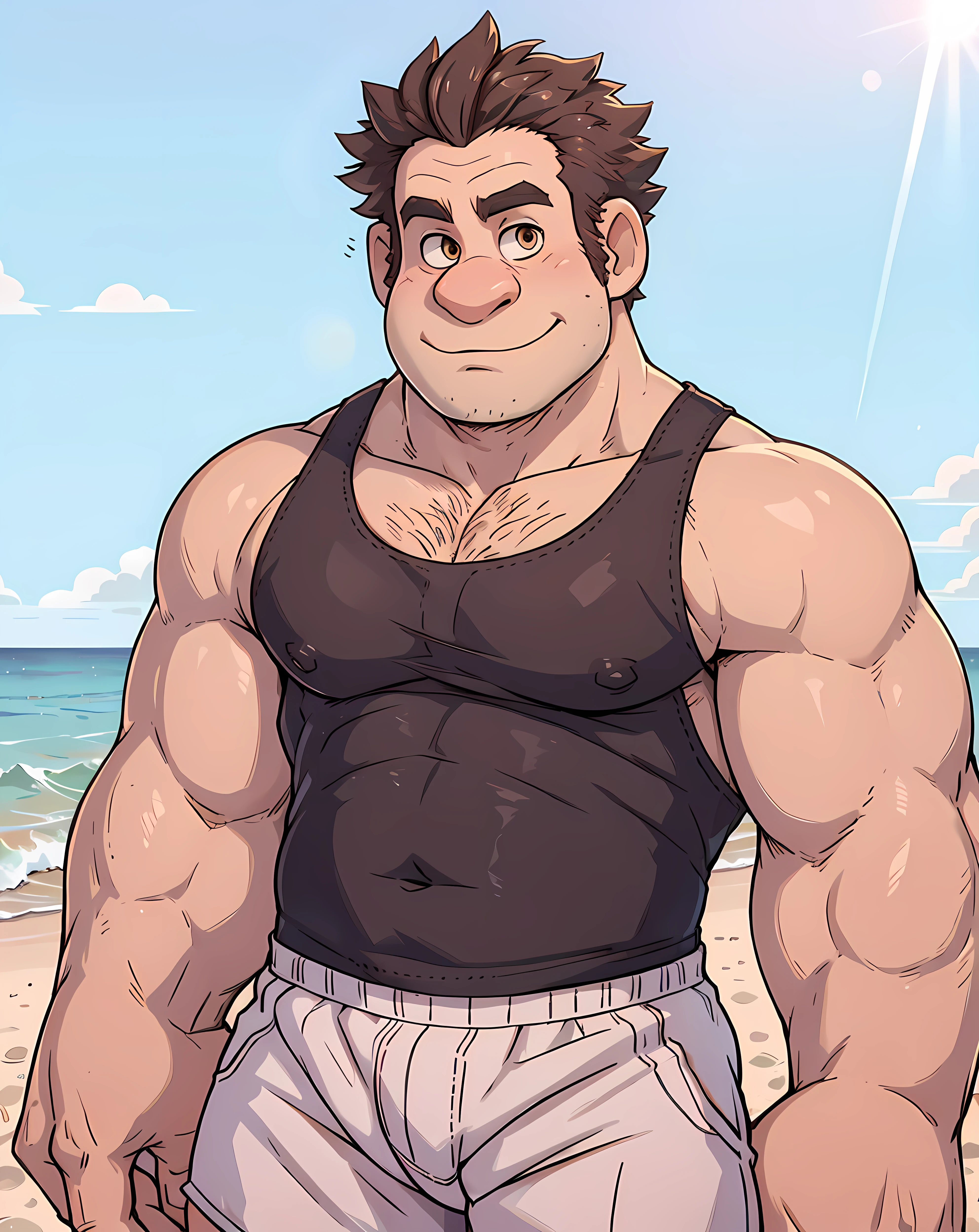 <lora:Ralph:0.8> ralph_wreckitralph, looking at viewer, simple background, looking at viewer, muscular, tank top, boxer, beach, daytime