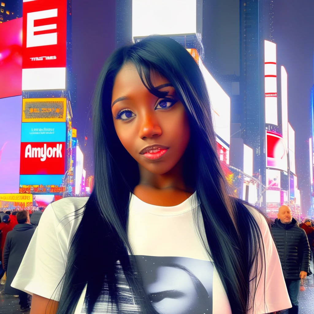 ellie ensley \(person\), _ellietheempress_ \(person\), 1girl, black hair, black eyes, waist up, portrait shot, anime tshirt, background: newyork times square, night time, night, moonlight, snowing