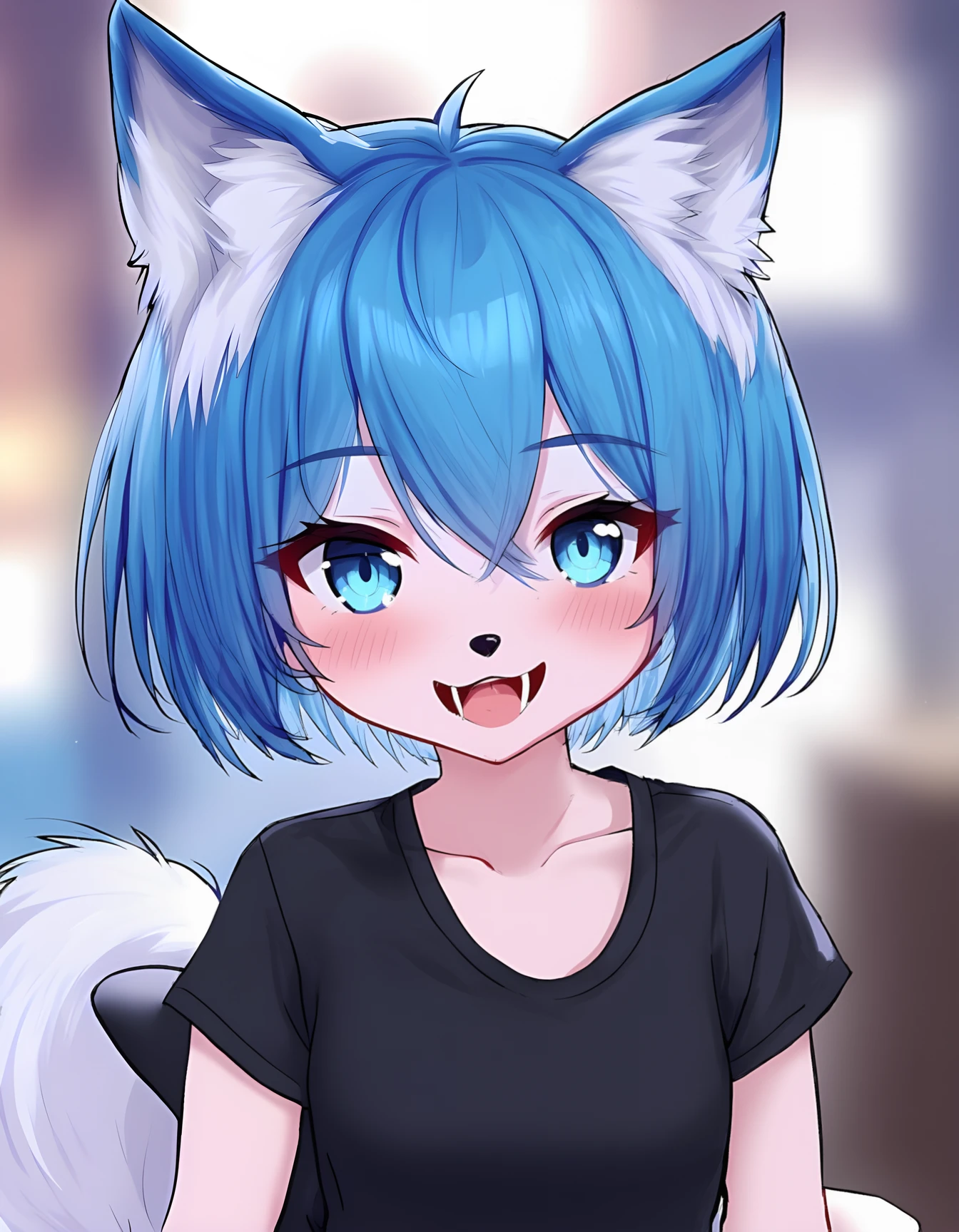 1girl, looking at viewer, blush, smile, open mouth, short hair, blue eyes, shirt, animal ears, hair between eyes, sitting, blue hair, collarbone, tail, ahoge, short sleeves, heart, :d, teeth, indoors, off shoulder, blurry, animal ear fluff, black shirt, fox ears, blurry background, fox tail, fangs, fox girl, furry, furry female, body fur, white fur, animal nose, blue fur,