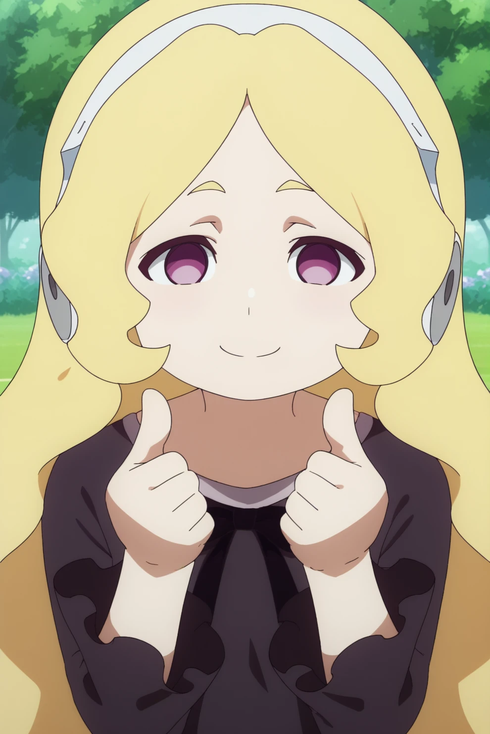 smiling, thumbs up to viewer, friendly, helpful, cheerful expression,  Annabel Creme, solo <lora:Little_Witch_Academia-Annabel_Creme-PDXL:0.8>