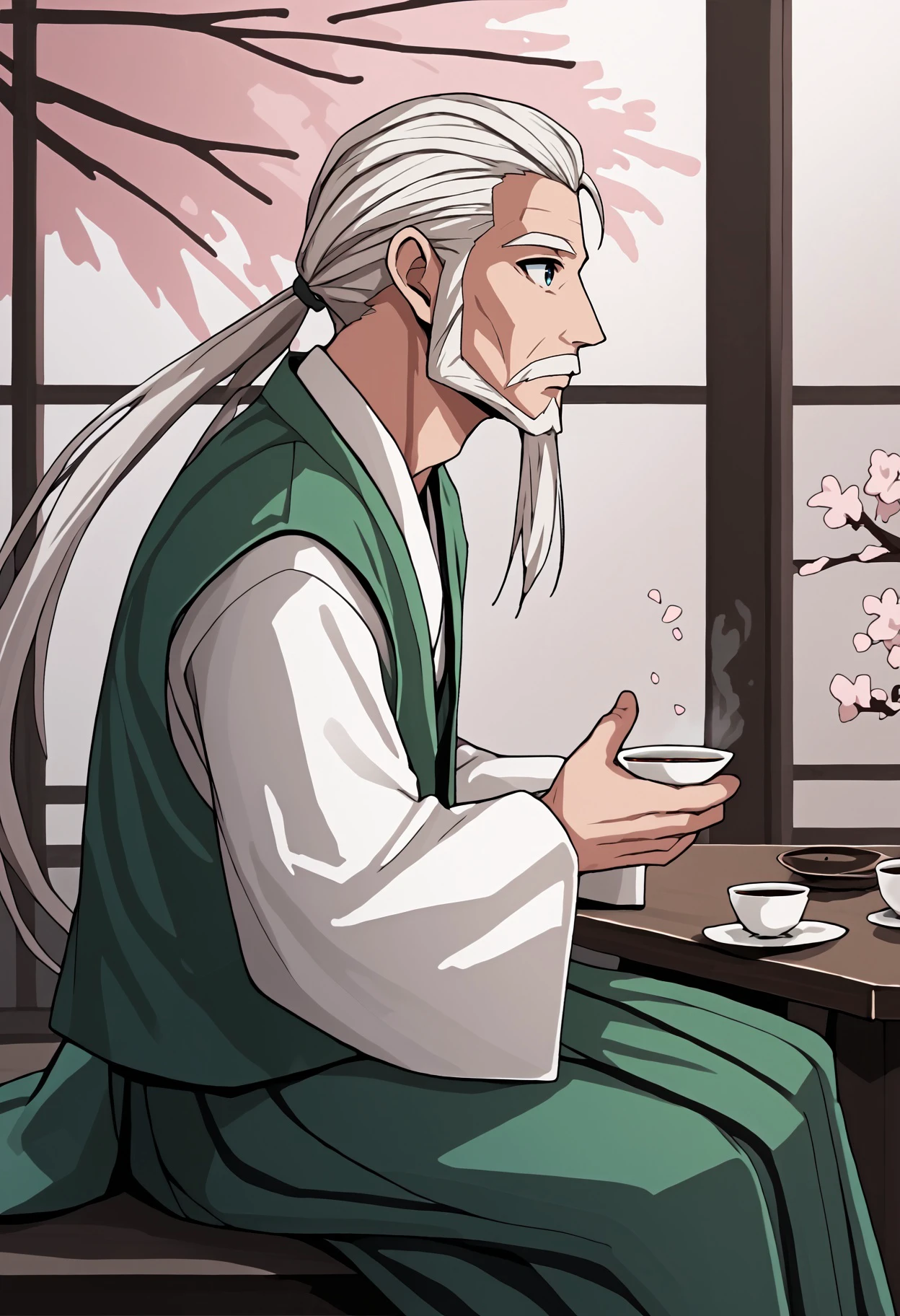 score_9,score_8_up,score_7_up, 
sitting, tea, from side, cherry blossoms, looking up,
y0uki,1boy,facial hair,white hair,blue eyes,ponytail,
green vest,long sleeves,japanese clothes,green vest,hakama pants,white kimono,wide sleeves,
<lora:konpaku_youki_v1:1>