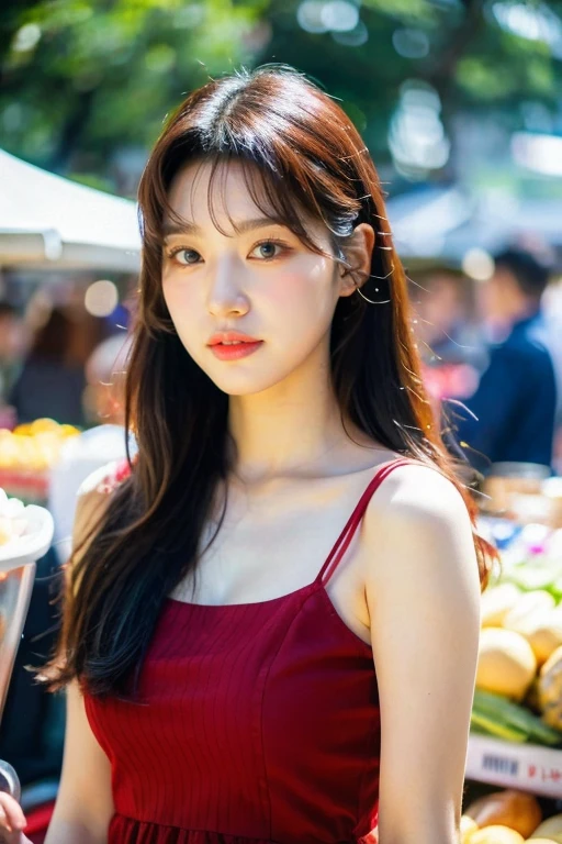 masterpiece, best quality, ultra-detailed, ultra high res, (photorealistic:1.4), raw photo, (realistic:0.2), 8k HDR, realistic cool temperature lighting, 1girl, solo, asymmetrical hair, outdoor, (traditional market:1.2), bokeh, (detailed lips), (detailed pores), (detailed skin textures), (detailed face:1.2), (body:1.2), a woman in a sundress, promotional image, a character portrait,