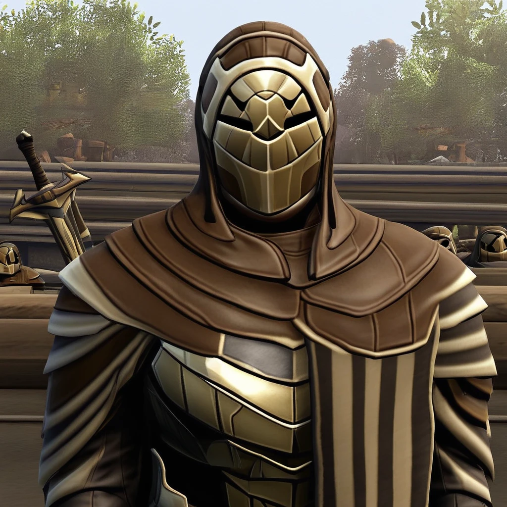 Onderon Guardian Armor, solo, 1boy, upper body, male focus, weapon, outdoors, sword crossguard, cape, armor, tree, helmet, shoulder armor, facing viewer, pauldrons, knight, full armor, helm, sensitive