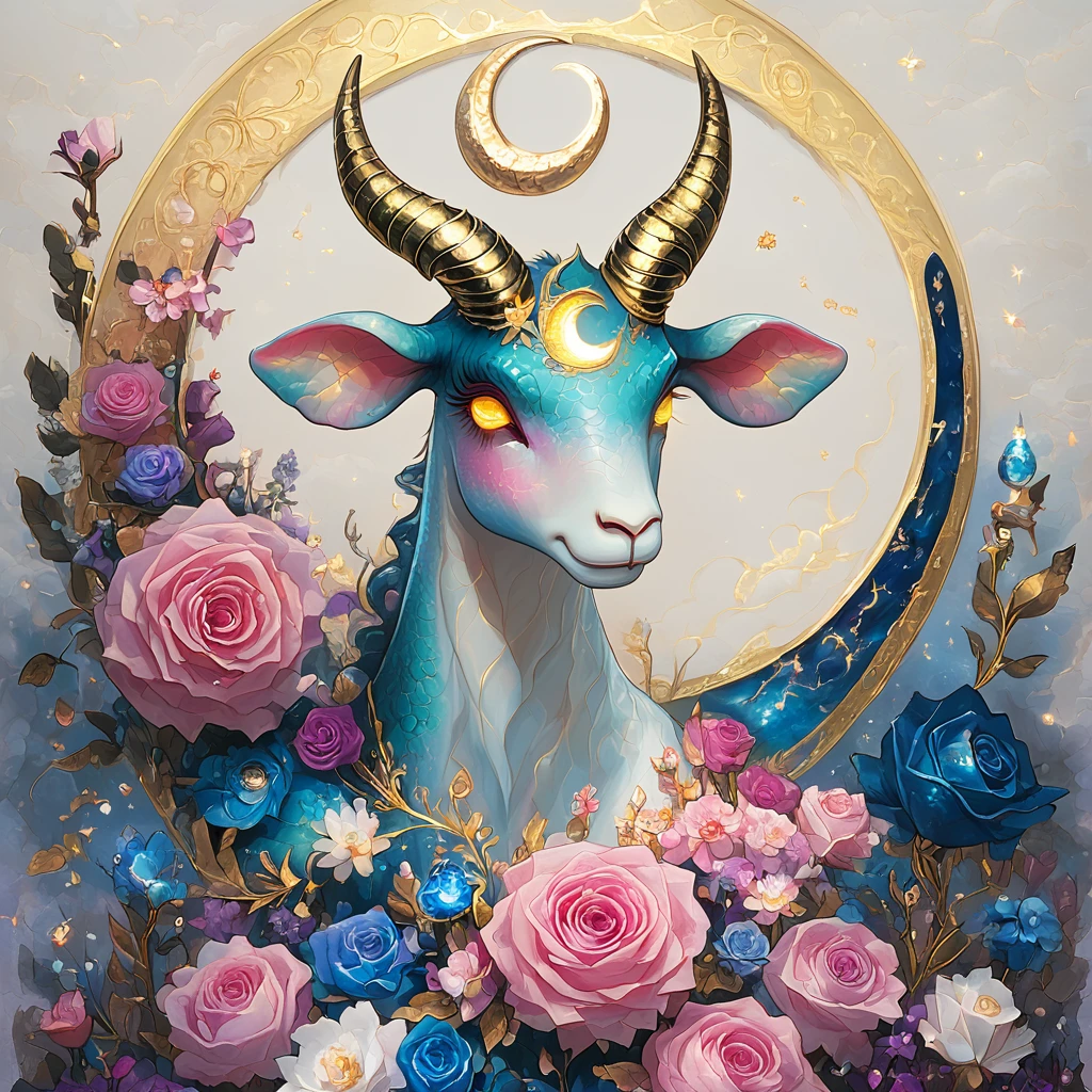 ArsMJStyle, Capricorn, The image shows a painting of a goat with horns standing in front of a crescent moon surrounded by flowers. The goat is white and blue in color and the moon is a golden hue., flower, horns, blue flower, no humans, yellow eyes, pink flower, rose, moon, pink rose, solo, crescent moon, glowing, blue rose, purple flower, crescent, looking at viewer core_9, score_8_up, score_7_up, score_6_up,    <lora:ArsMJStylePony:1>