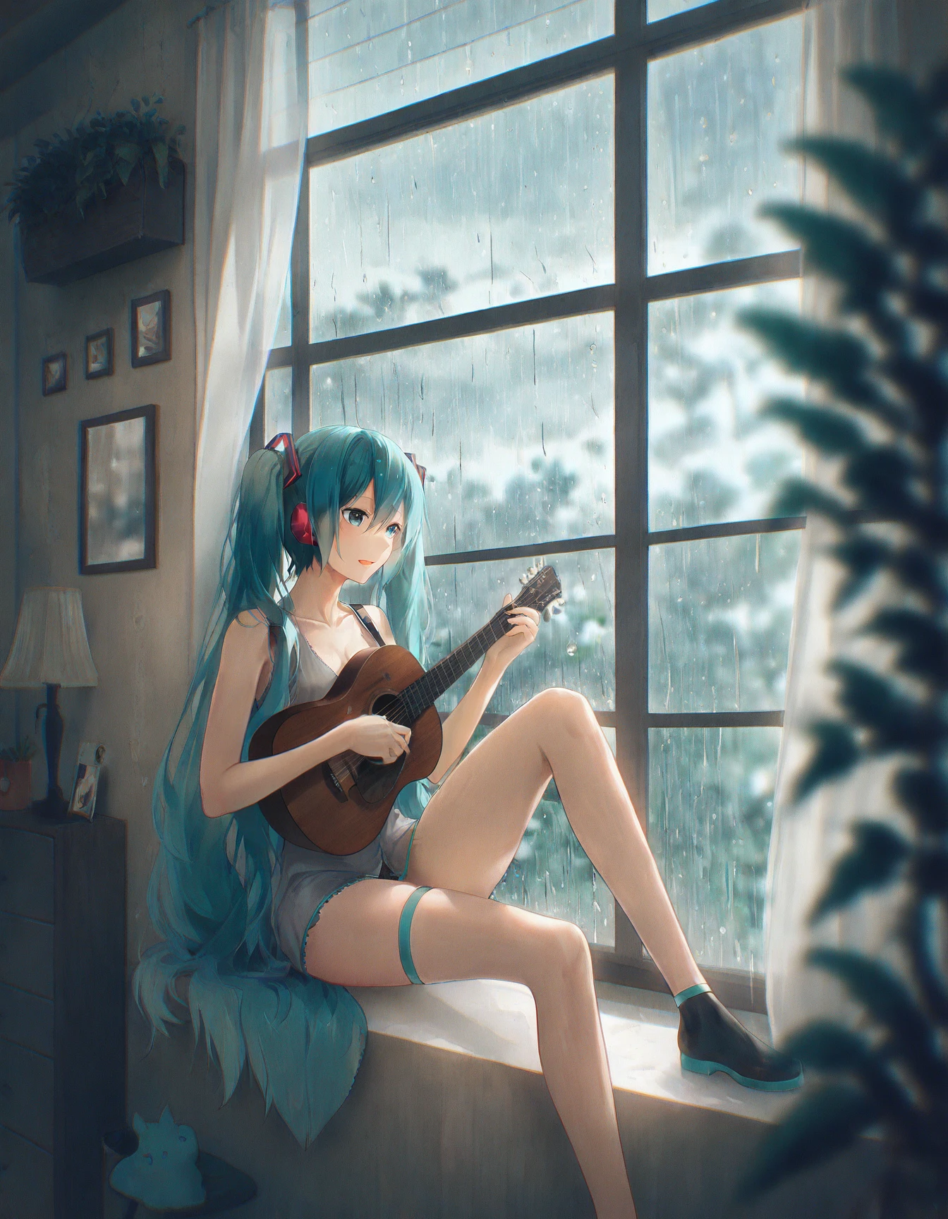 a woman sitting in front of a window with a guitar and a potted plant on the window sill, 1girl, solo, hatsune miku, acoustic guitar, knee up, rain, curtains, window, indoors, lamp, chromatic aberration, blurry background, amazing quality, <lora:Rain:0.8>